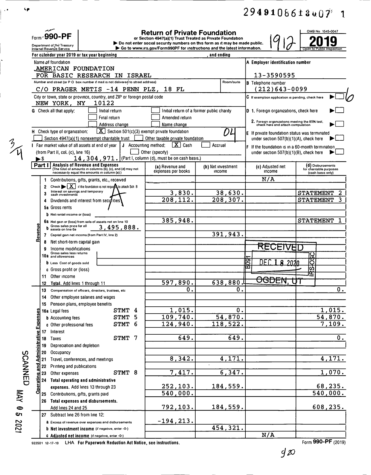 Image of first page of 2019 Form 990PF for American Foundation for Basic Research in Israel