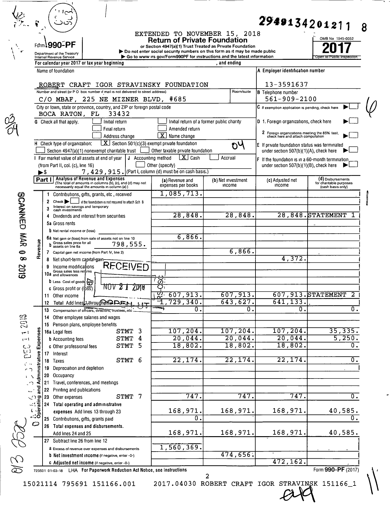 Image of first page of 2017 Form 990PF for Robert Craft Igor Stravinsky Foundation