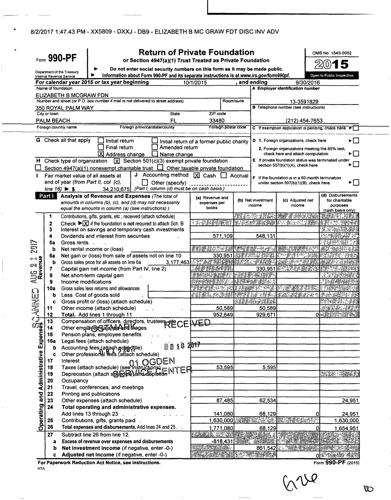 Image of first page of 2015 Form 990PF for Elizabeth B. McGraw Foundation