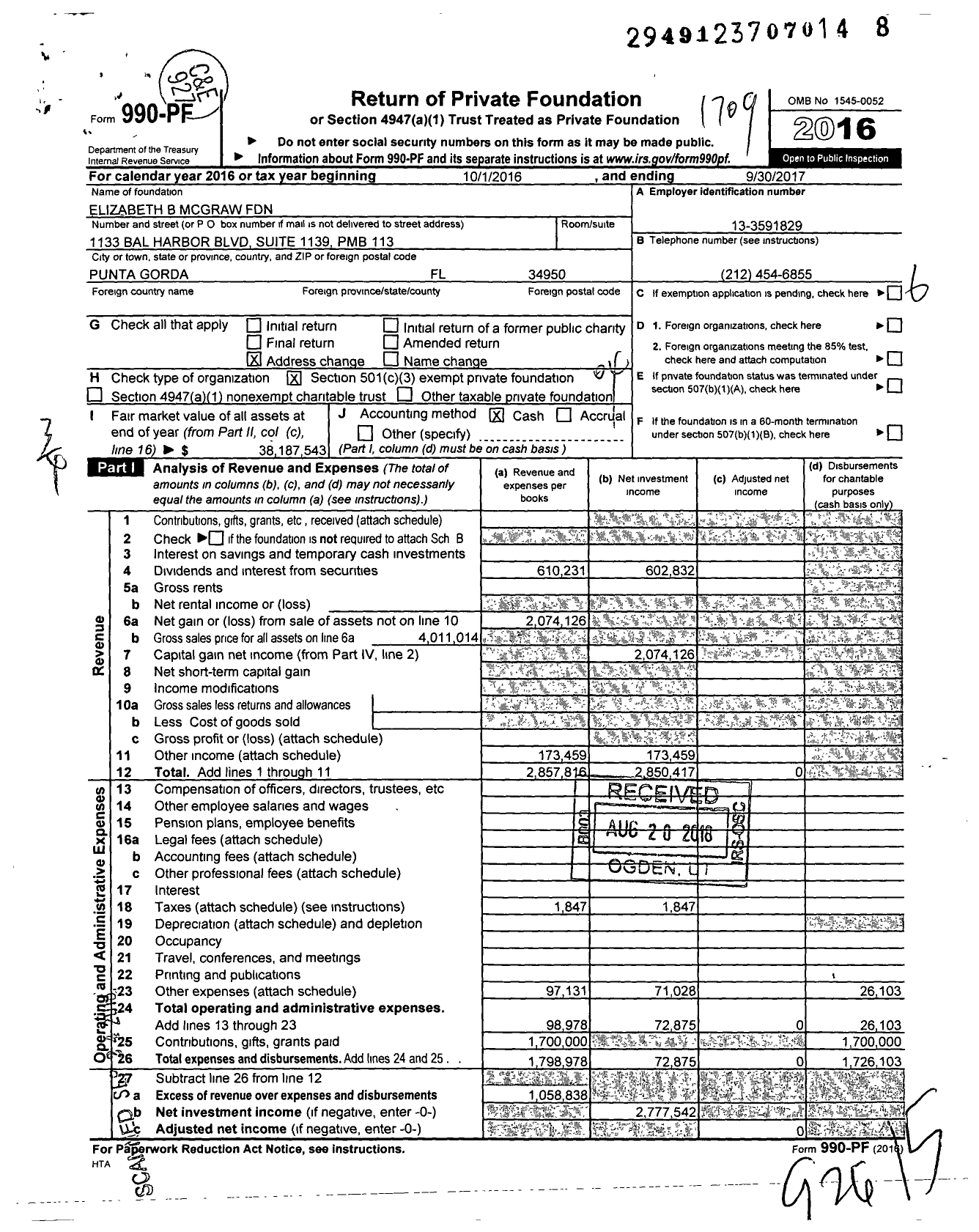 Image of first page of 2016 Form 990PF for Elizabeth B. McGraw Foundation