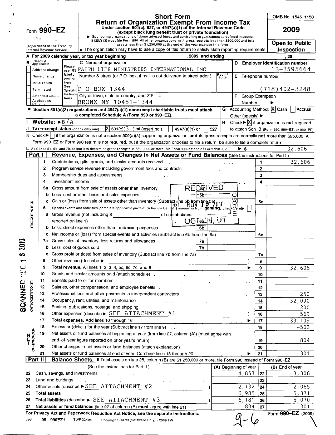 Image of first page of 2009 Form 990EZ for Faith Life Ministries International