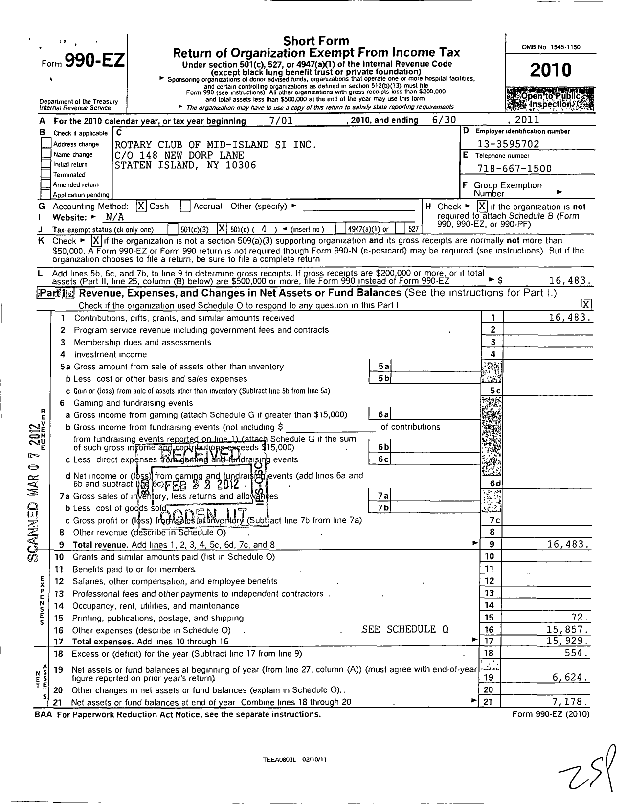 Image of first page of 2010 Form 990EO for Rotary International - Mid-Island Staten Island Rotary CLB