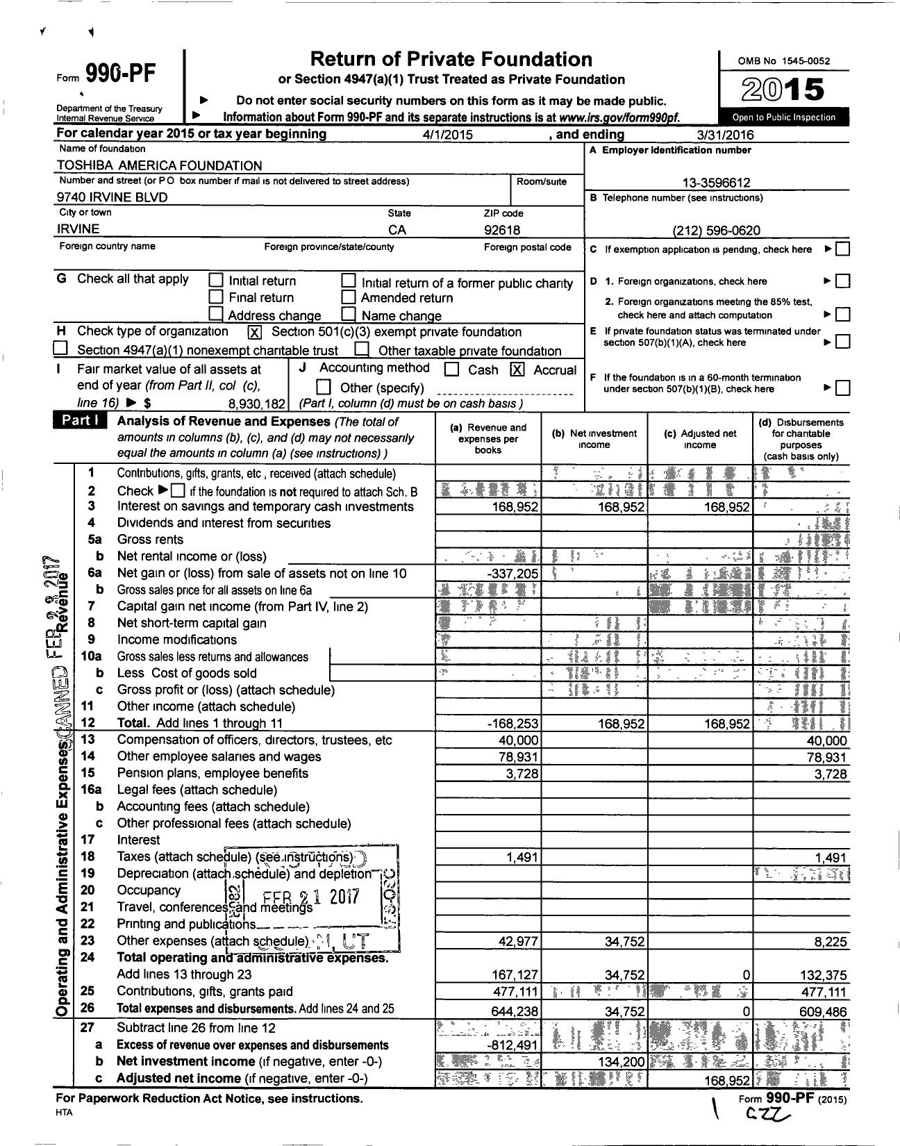 Image of first page of 2015 Form 990PF for Toshiba America Foundation