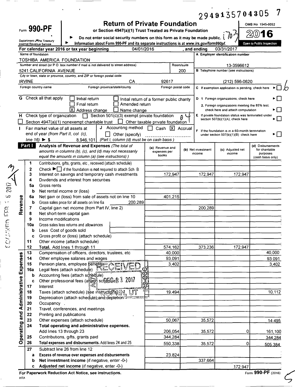 Image of first page of 2016 Form 990PF for Toshiba America Foundation