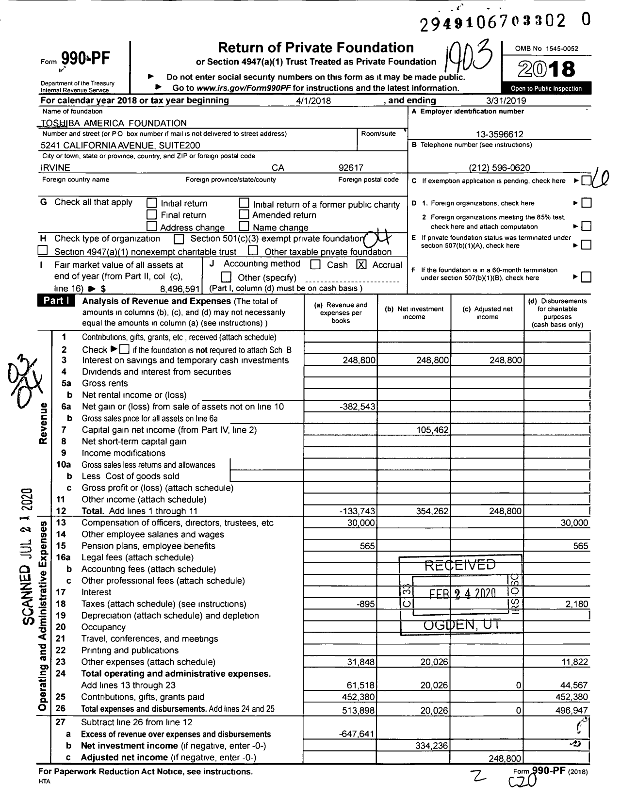 Image of first page of 2018 Form 990PR for Toshiba America Foundation