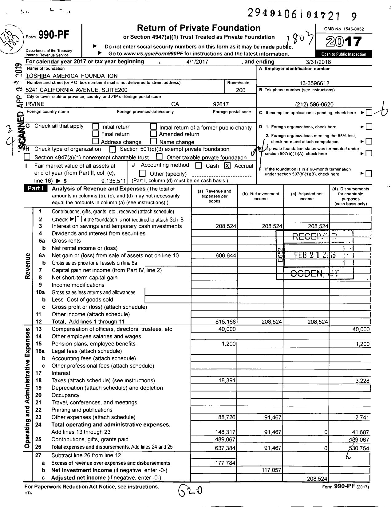 Image of first page of 2017 Form 990PF for Toshiba America Foundation