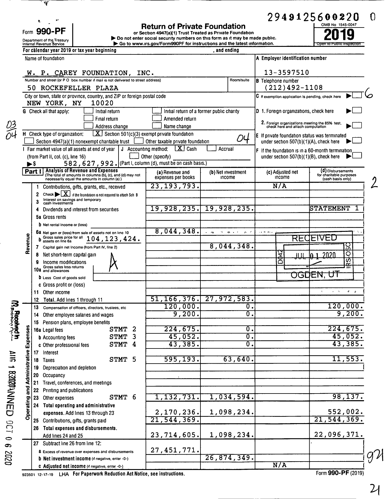 Image of first page of 2019 Form 990PR for W P Carey Foundation (WPCF)