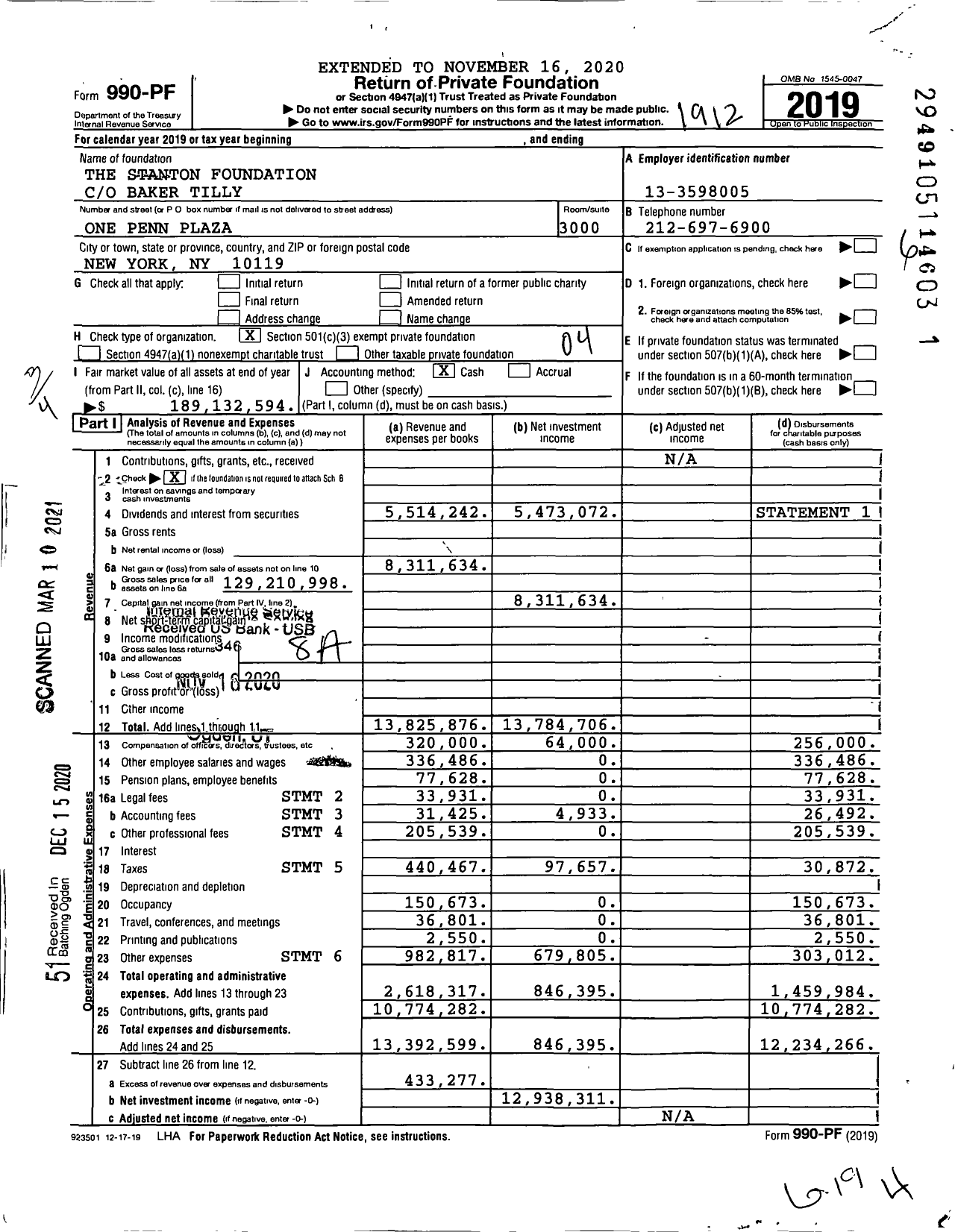 Image of first page of 2019 Form 990PF for The Stanton Foundation