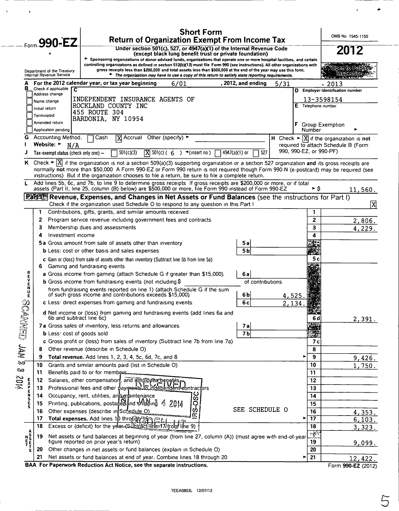 Image of first page of 2012 Form 990EO for Independent Insurance Agents of Rockland County