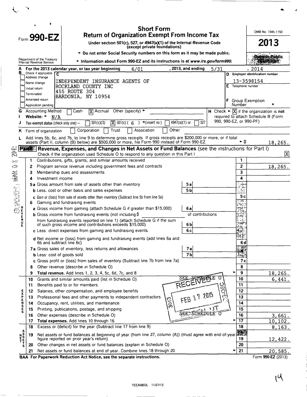 Image of first page of 2013 Form 990EO for Independent Insurance Agents of Rockland County