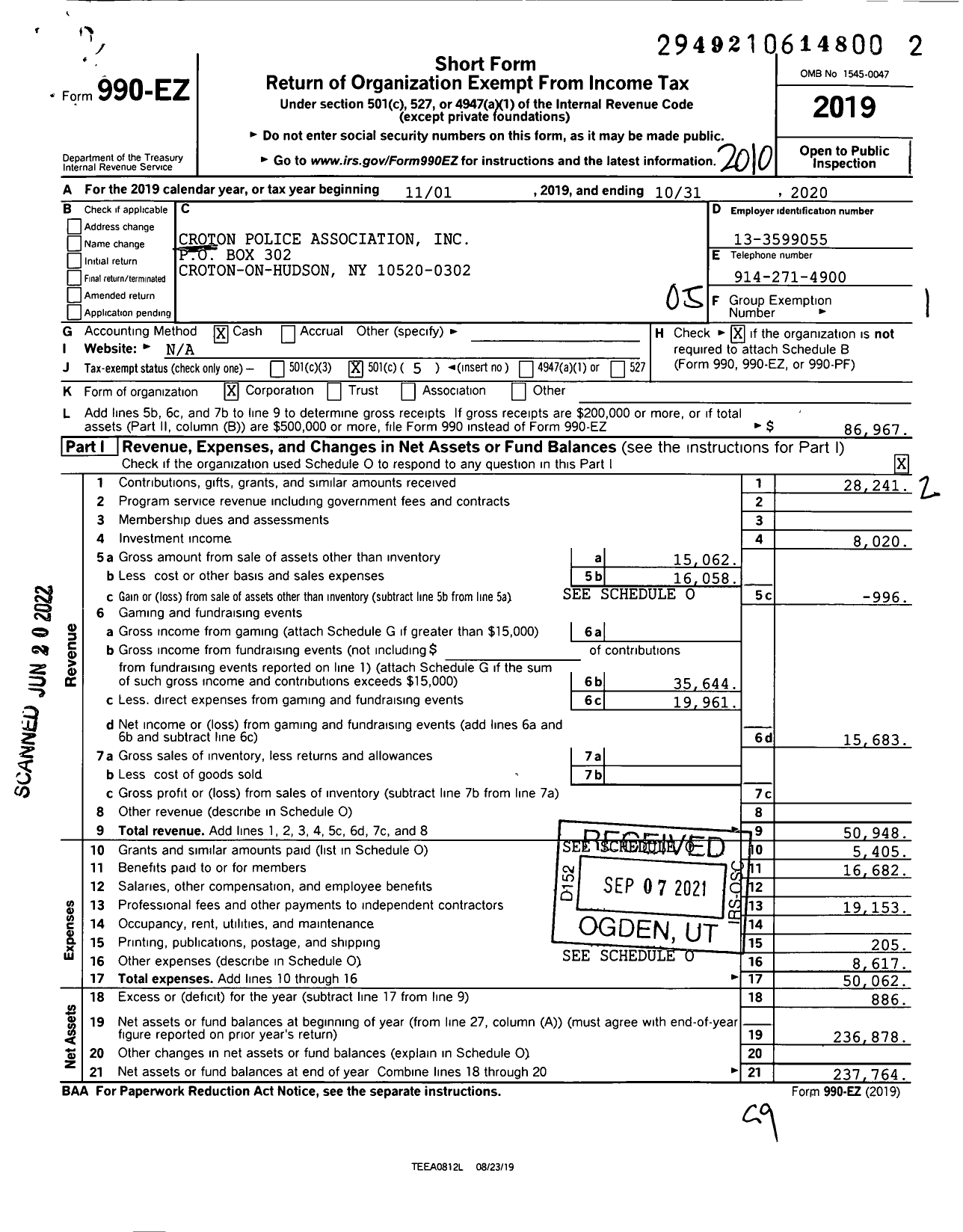 Image of first page of 2019 Form 990EO for Croton Police Association