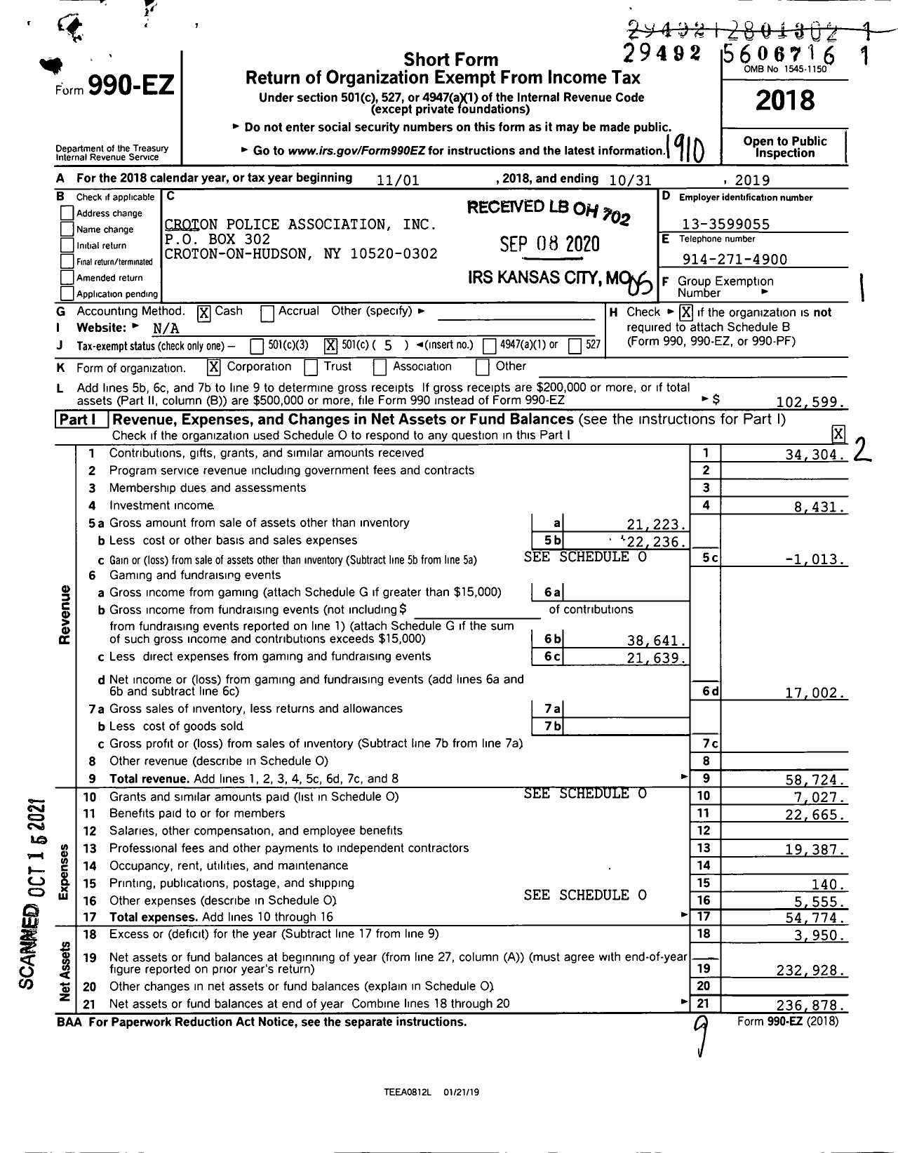 Image of first page of 2018 Form 990EO for Croton Police Association