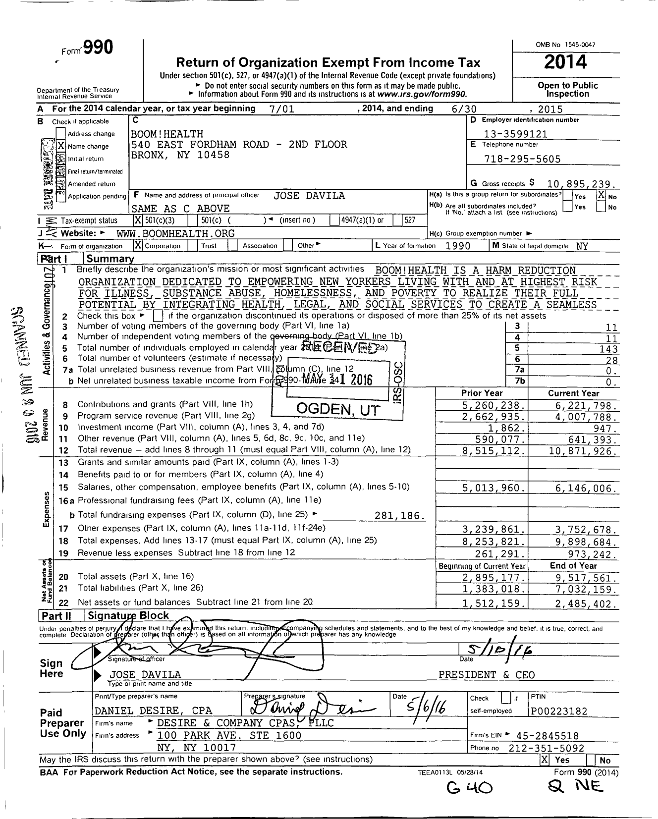 Image of first page of 2014 Form 990 for Boom Health