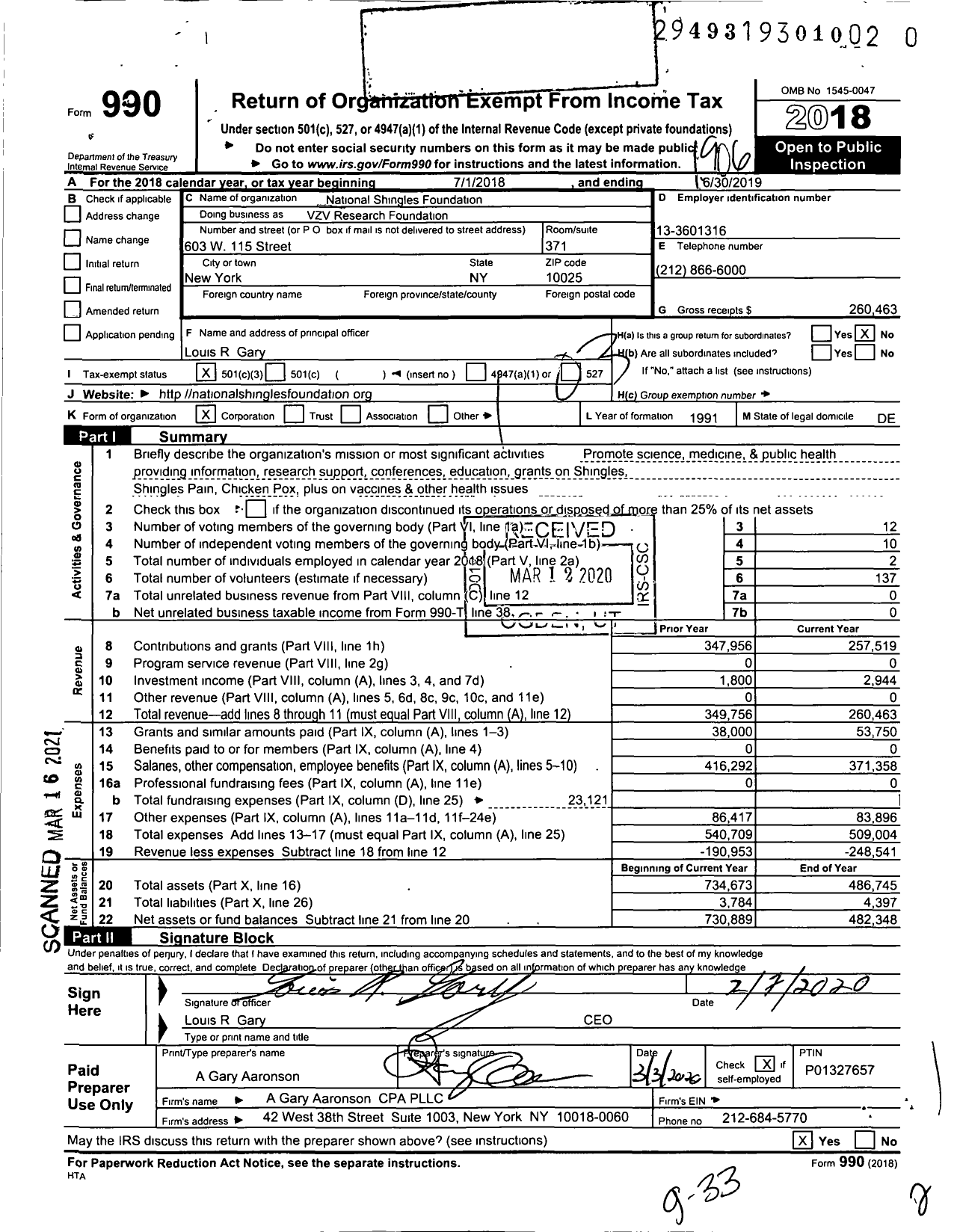 Image of first page of 2018 Form 990 for VZV Research Foundation