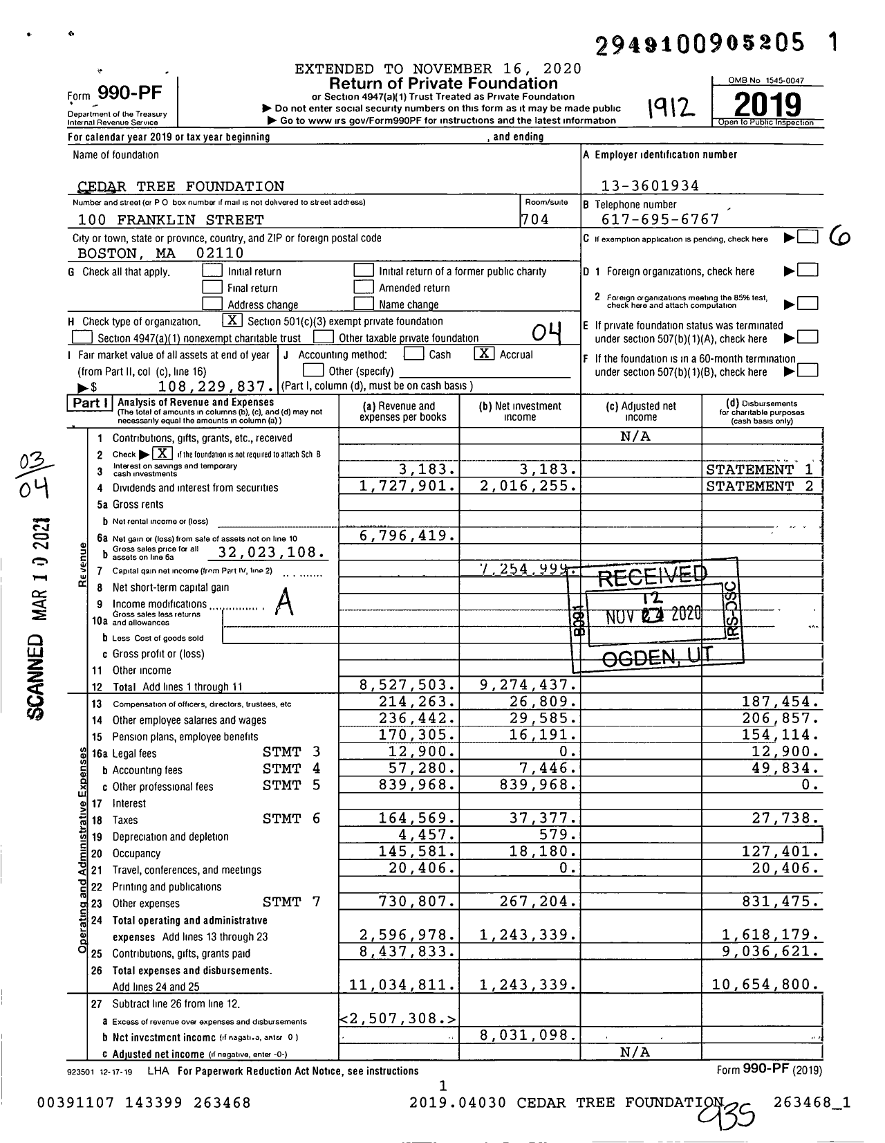 Image of first page of 2019 Form 990PF for Cedar Tree Foundation