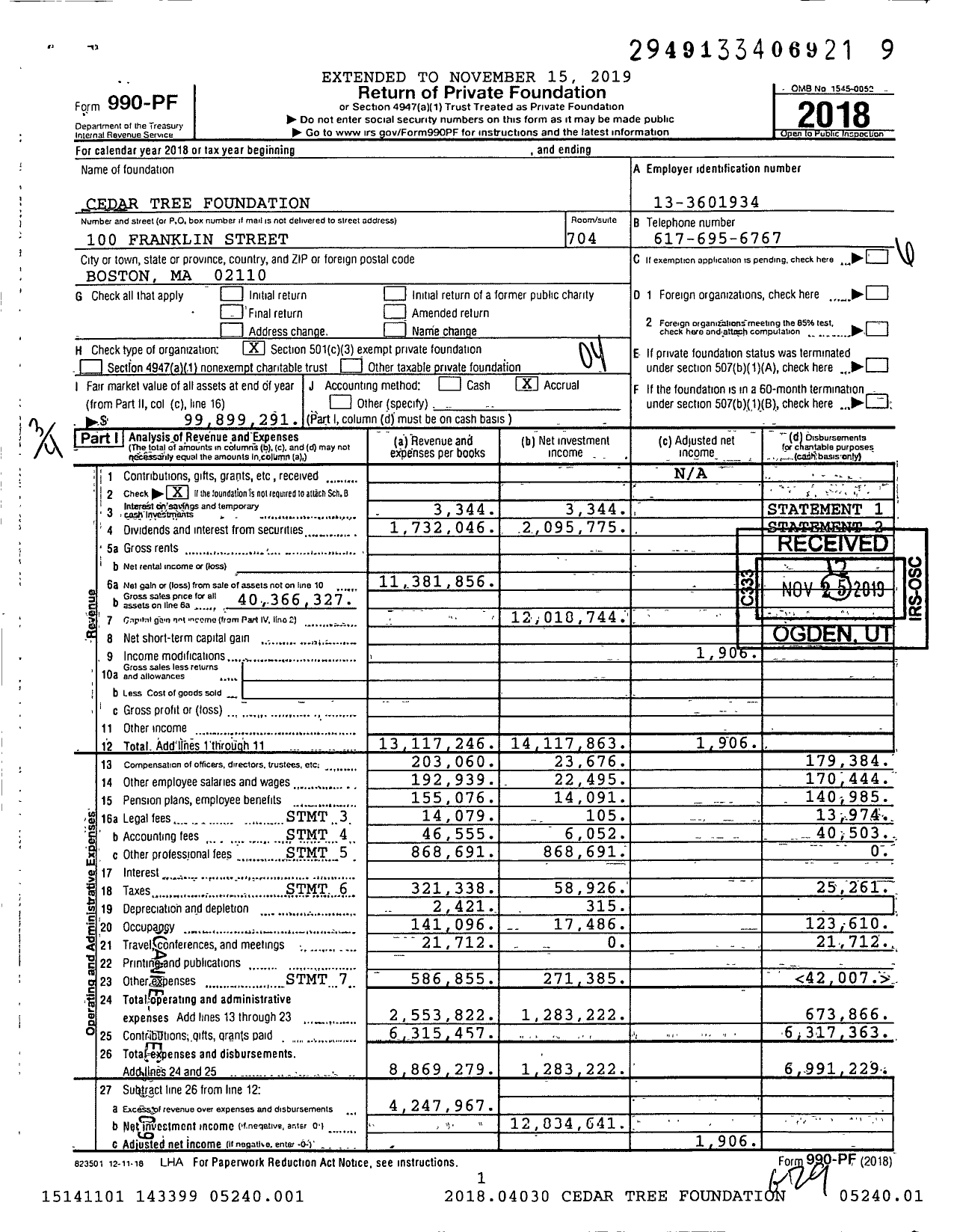Image of first page of 2018 Form 990PF for Cedar Tree Foundation