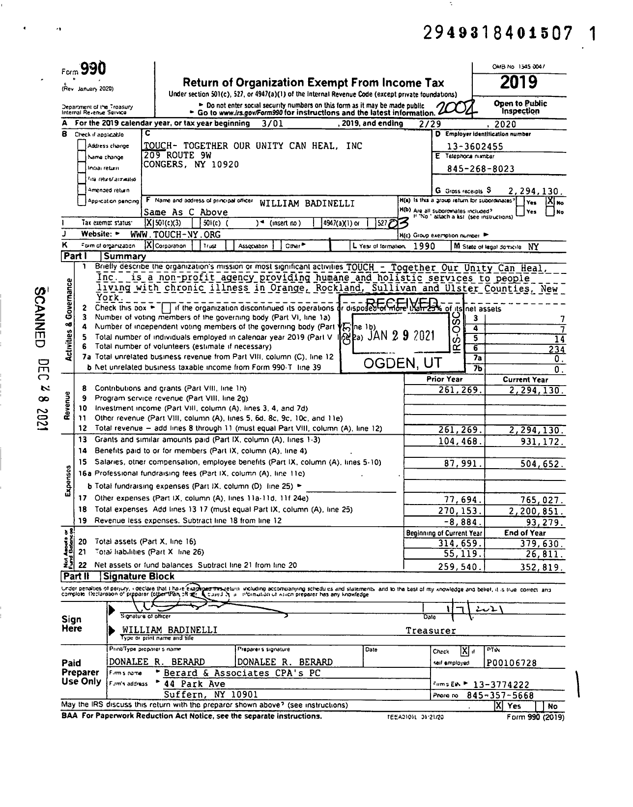 Image of first page of 2019 Form 990 for Touch- Together Our Unity Can Heal