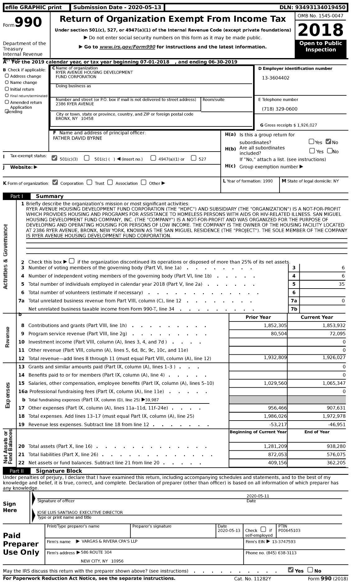 Image of first page of 2018 Form 990 for Ryer Avenue Housing Development Fund Corporation
