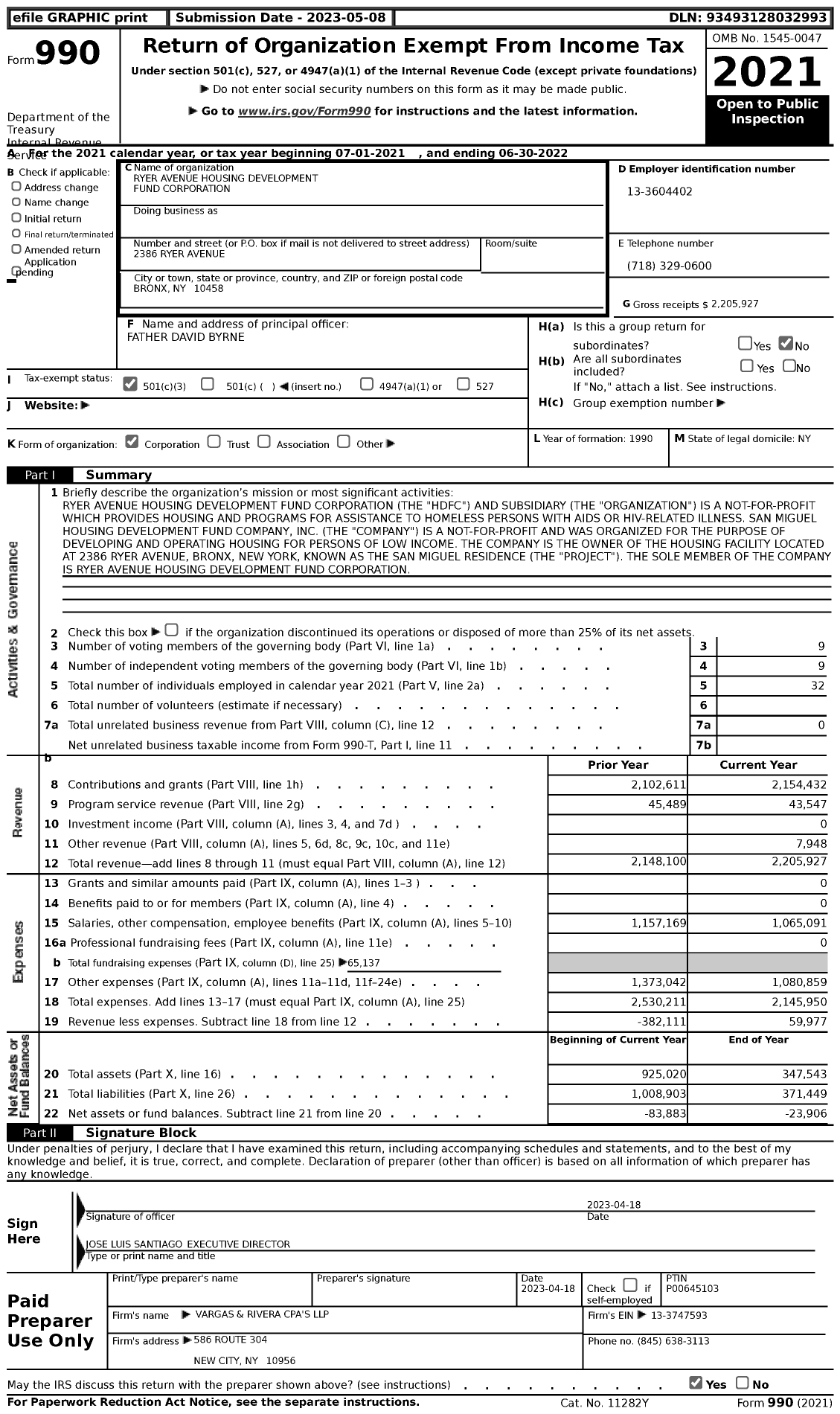 Image of first page of 2021 Form 990 for Ryer Avenue Housing Development Fund Corporation
