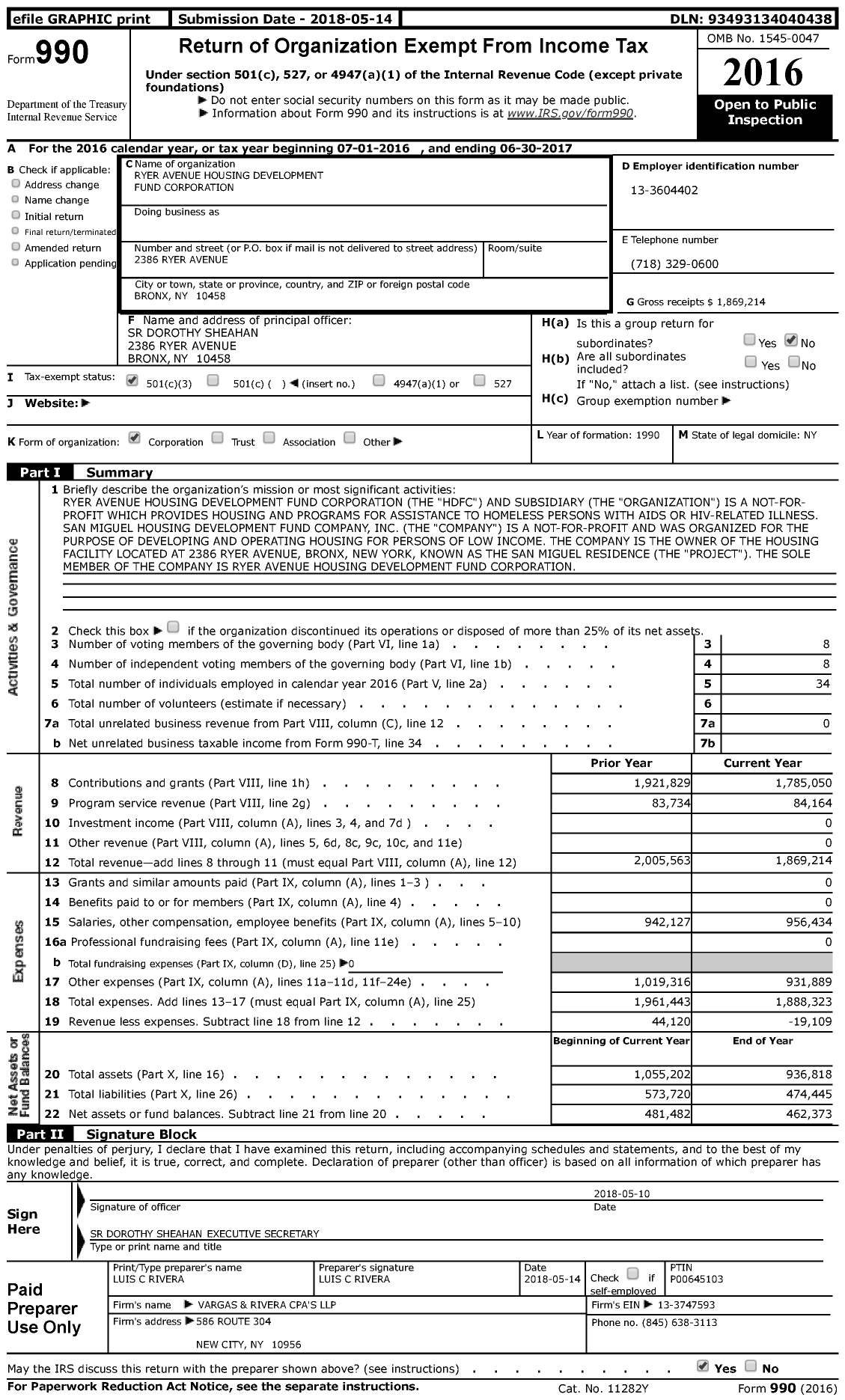 Image of first page of 2016 Form 990 for Ryer Avenue Housing Development Fund Corporation