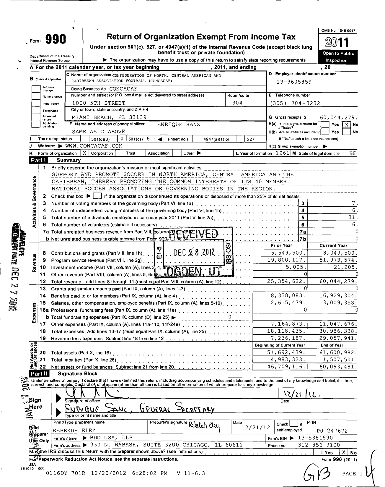 Image of first page of 2011 Form 990O for Confederation of North Central American and Caribbean Association Football (CONCACAF)