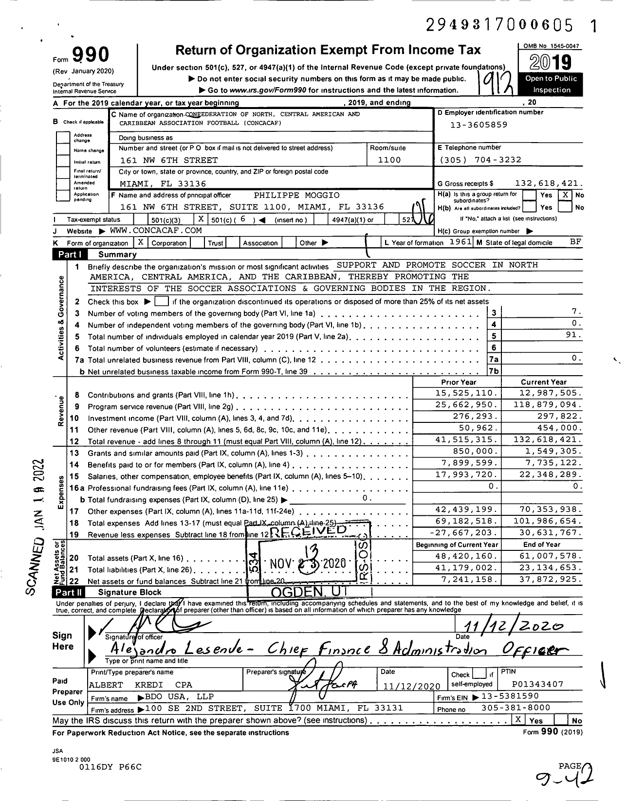 Image of first page of 2019 Form 990O for Confederation of North Central American and Caribbean Association Football (CONCACAF)