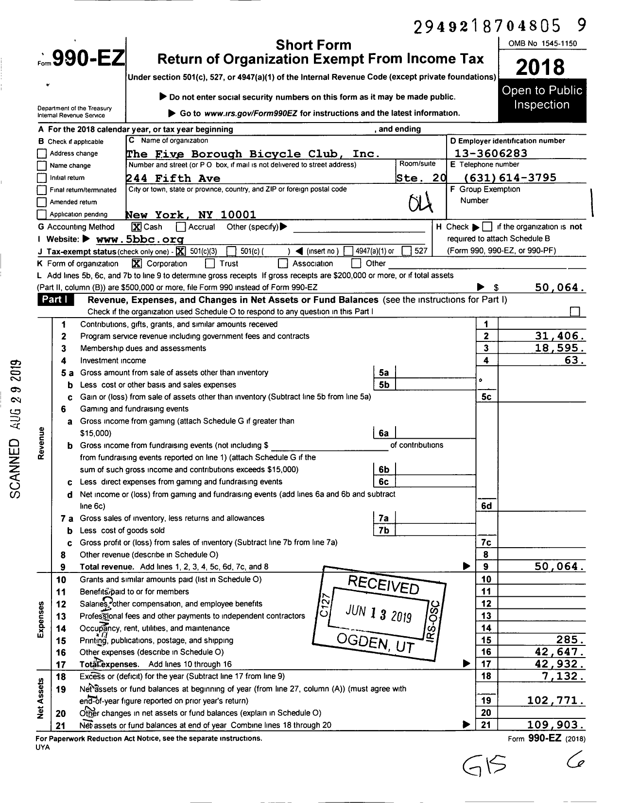 Image of first page of 2018 Form 990EO for The Five Borough Bicycle Club