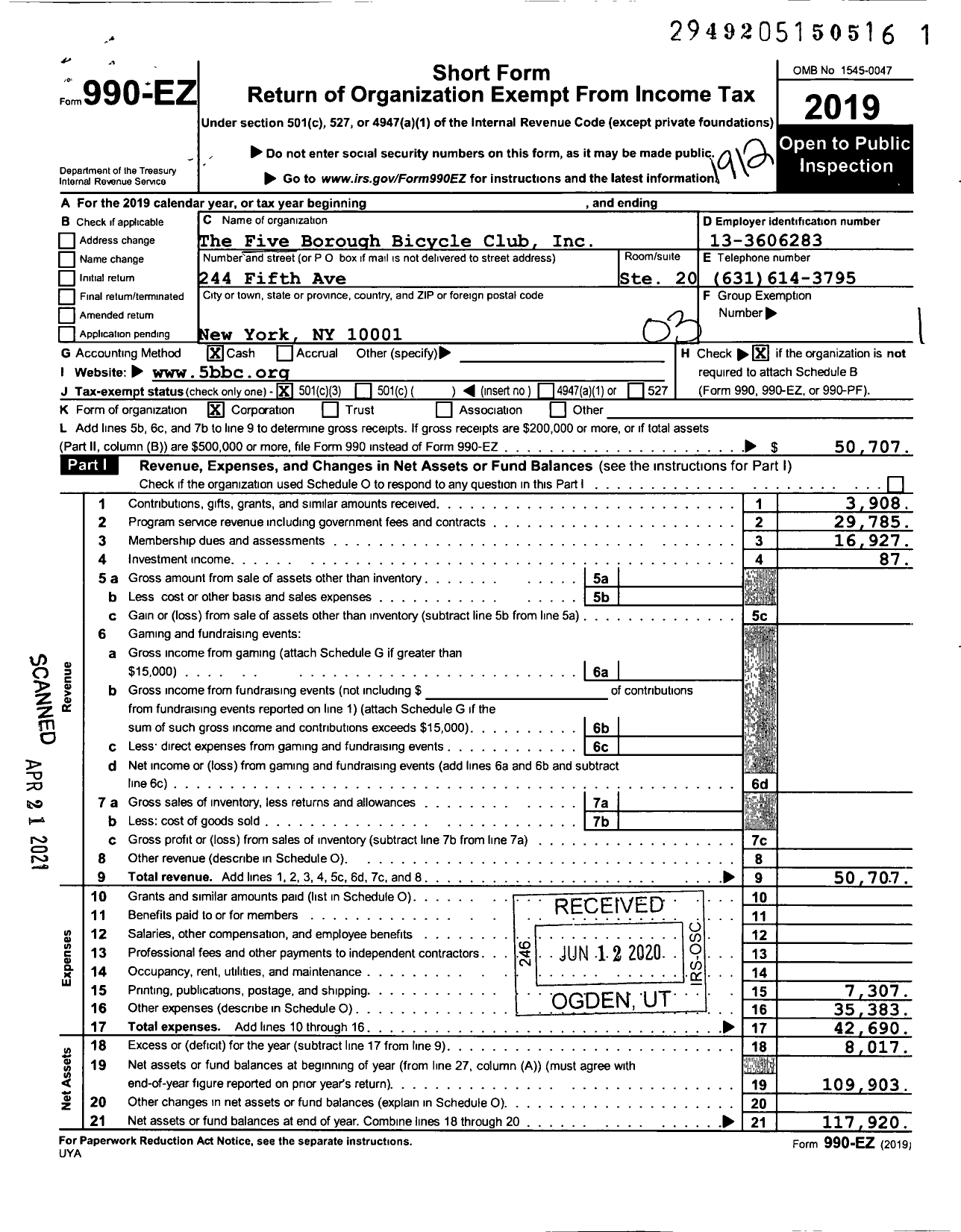 Image of first page of 2019 Form 990EZ for The Five Borough Bicycle Club