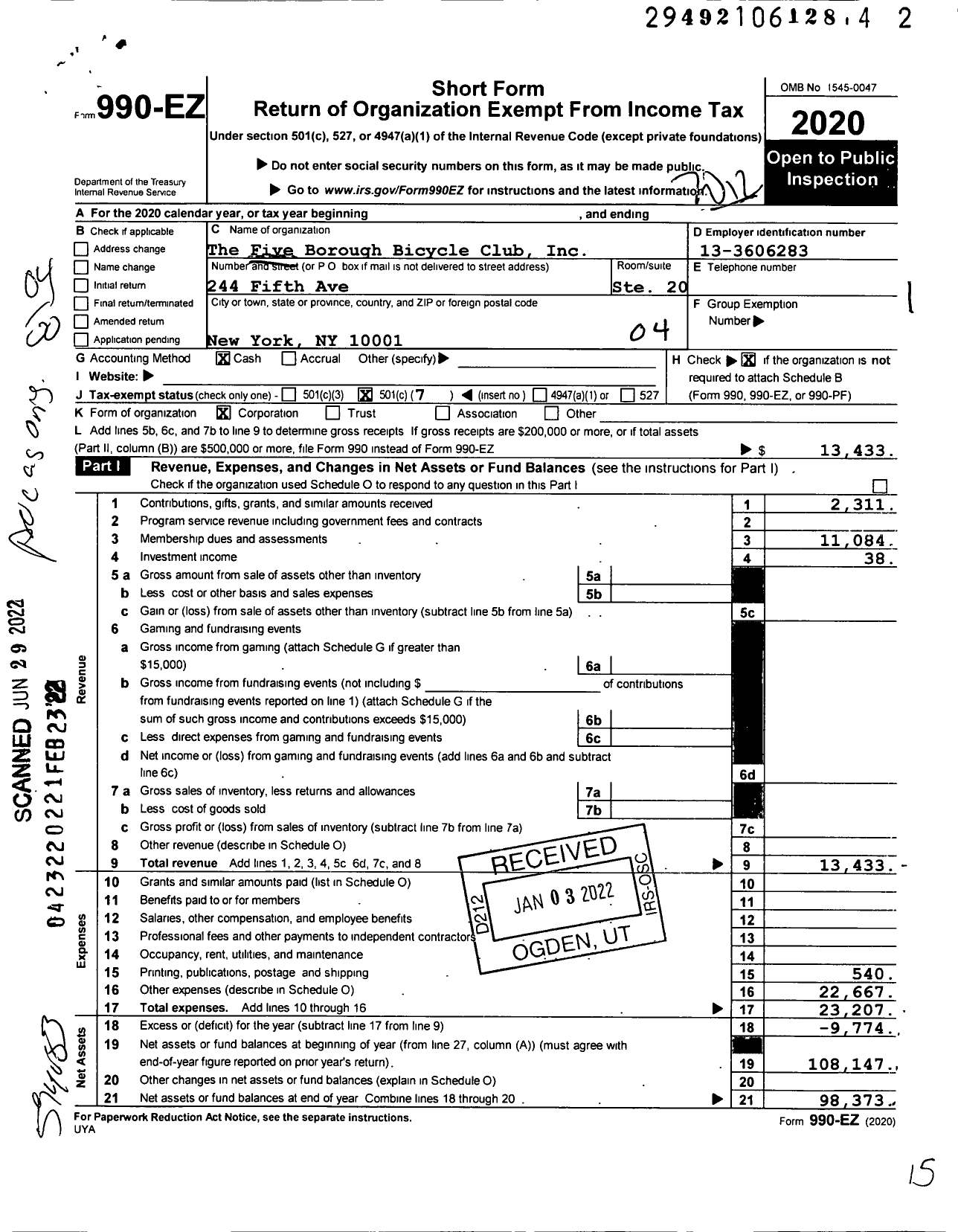 Image of first page of 2020 Form 990EO for The Five Borough Bicycle Club