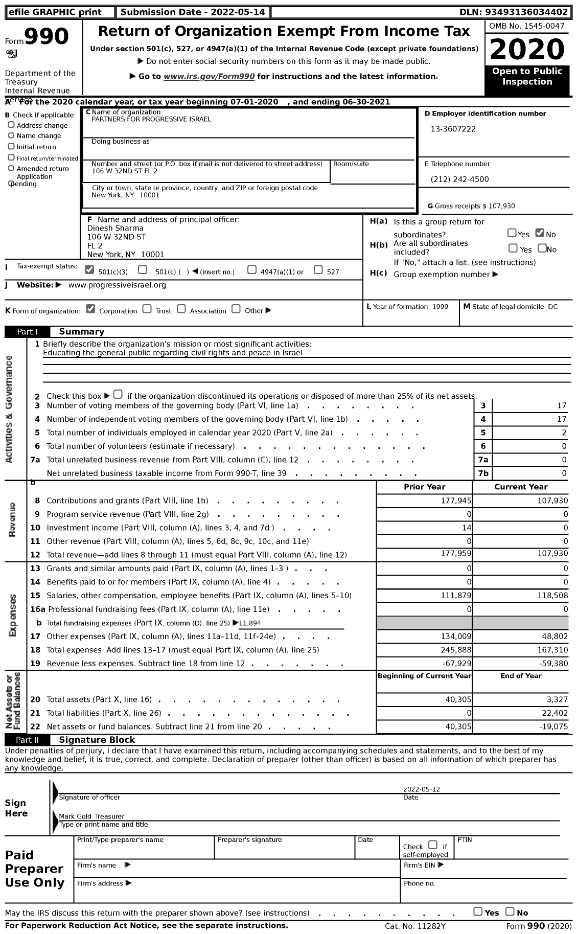 Image of first page of 2020 Form 990 for Partners for Progressive Israel