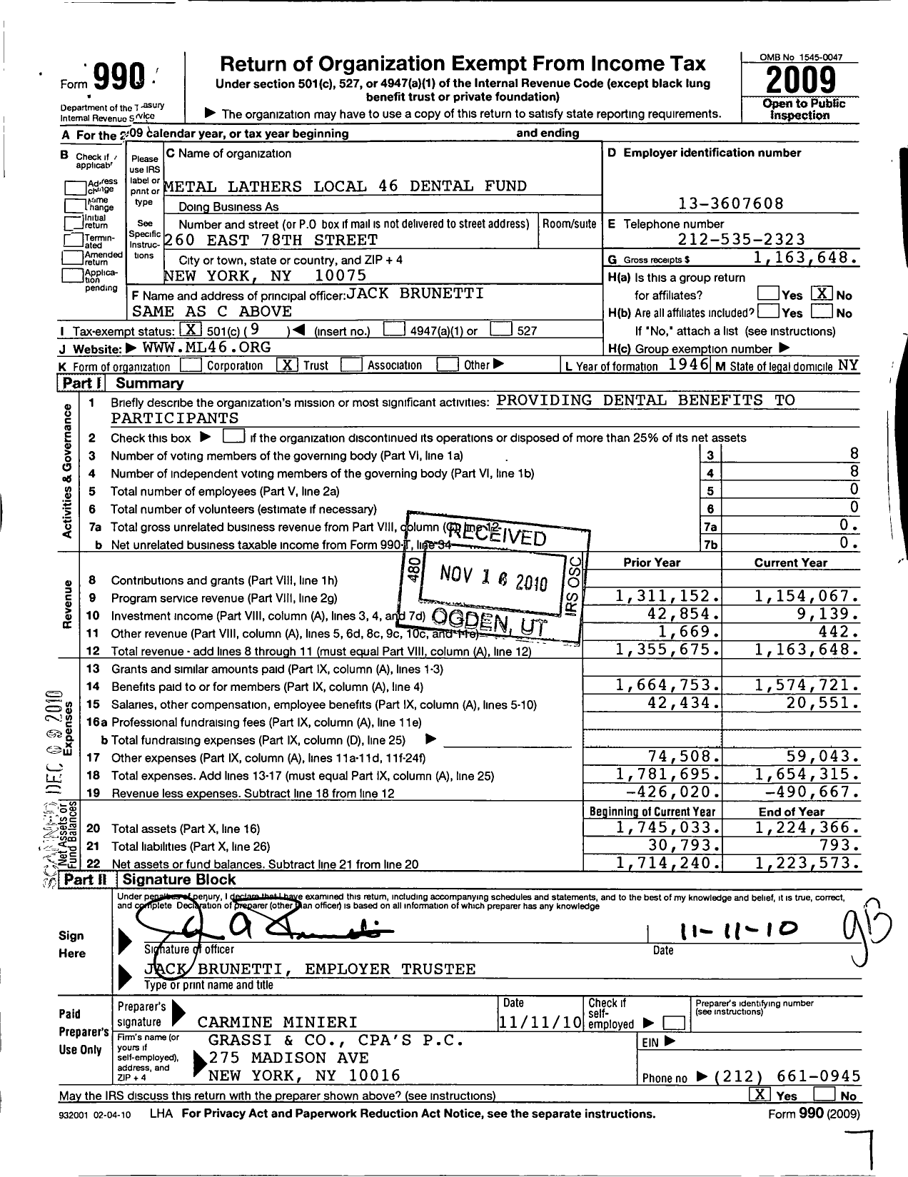 Image of first page of 2009 Form 990O for Metal Lathers Local 46 Dental Fund