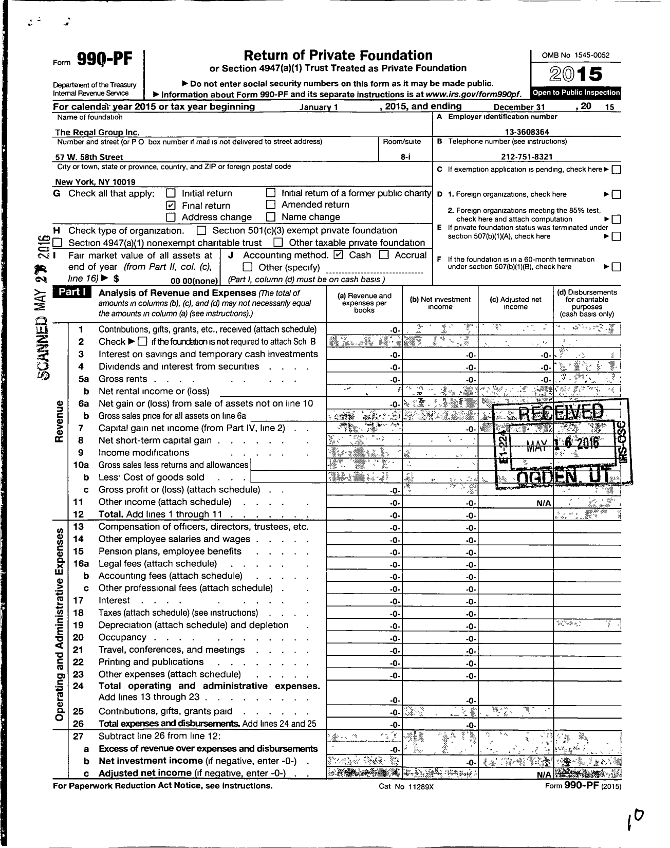 Image of first page of 2015 Form 990PF for Regal Group