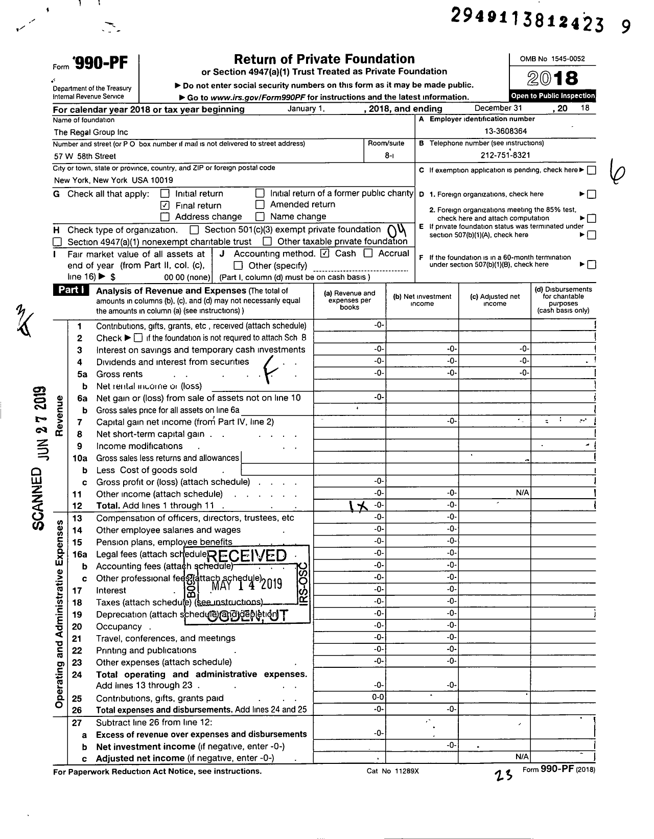 Image of first page of 2018 Form 990PF for Regal Group