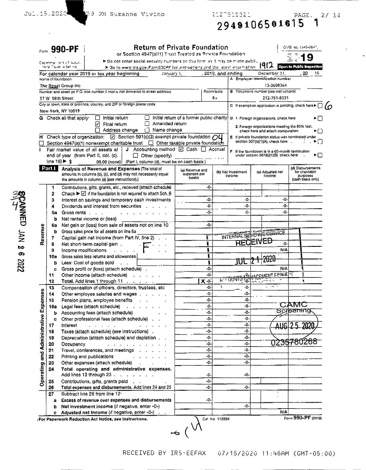 Image of first page of 2019 Form 990PF for Regal Group