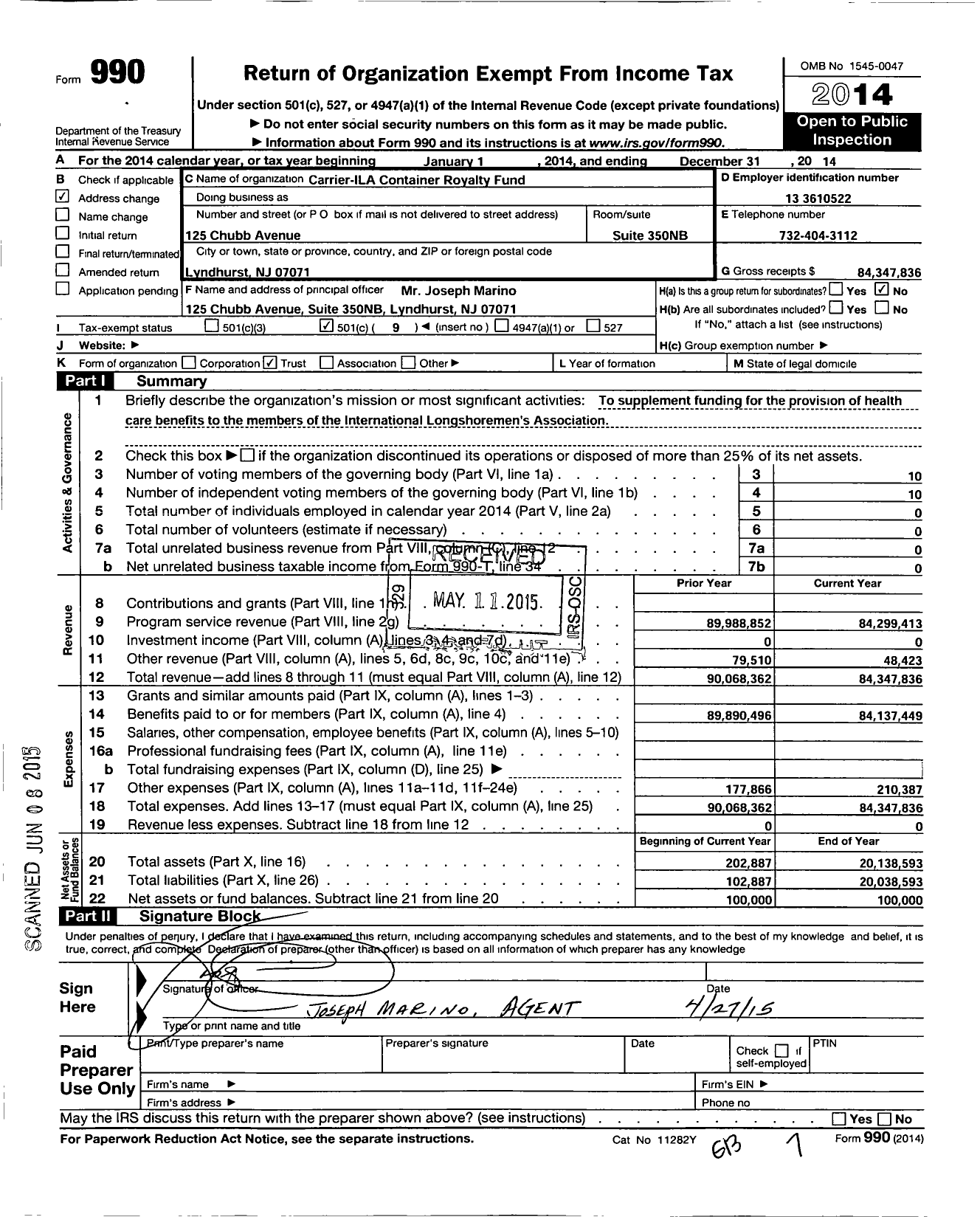 Image of first page of 2014 Form 990O for Carrier-Ila Container Royalty Fund