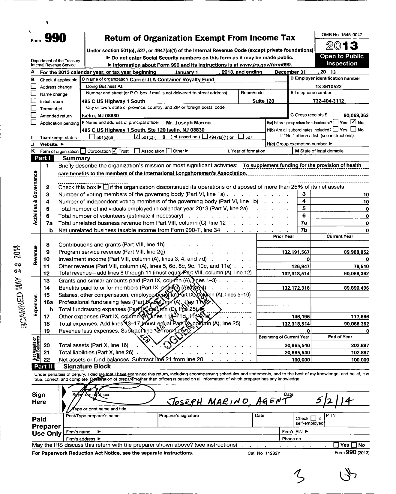 Image of first page of 2013 Form 990O for Carrier-Ila Container Royalty Fund