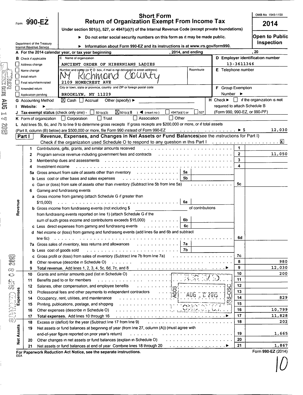 Image of first page of 2014 Form 990EO for Ladies Ancient Order of Hibernians / Richomnd Cty Board