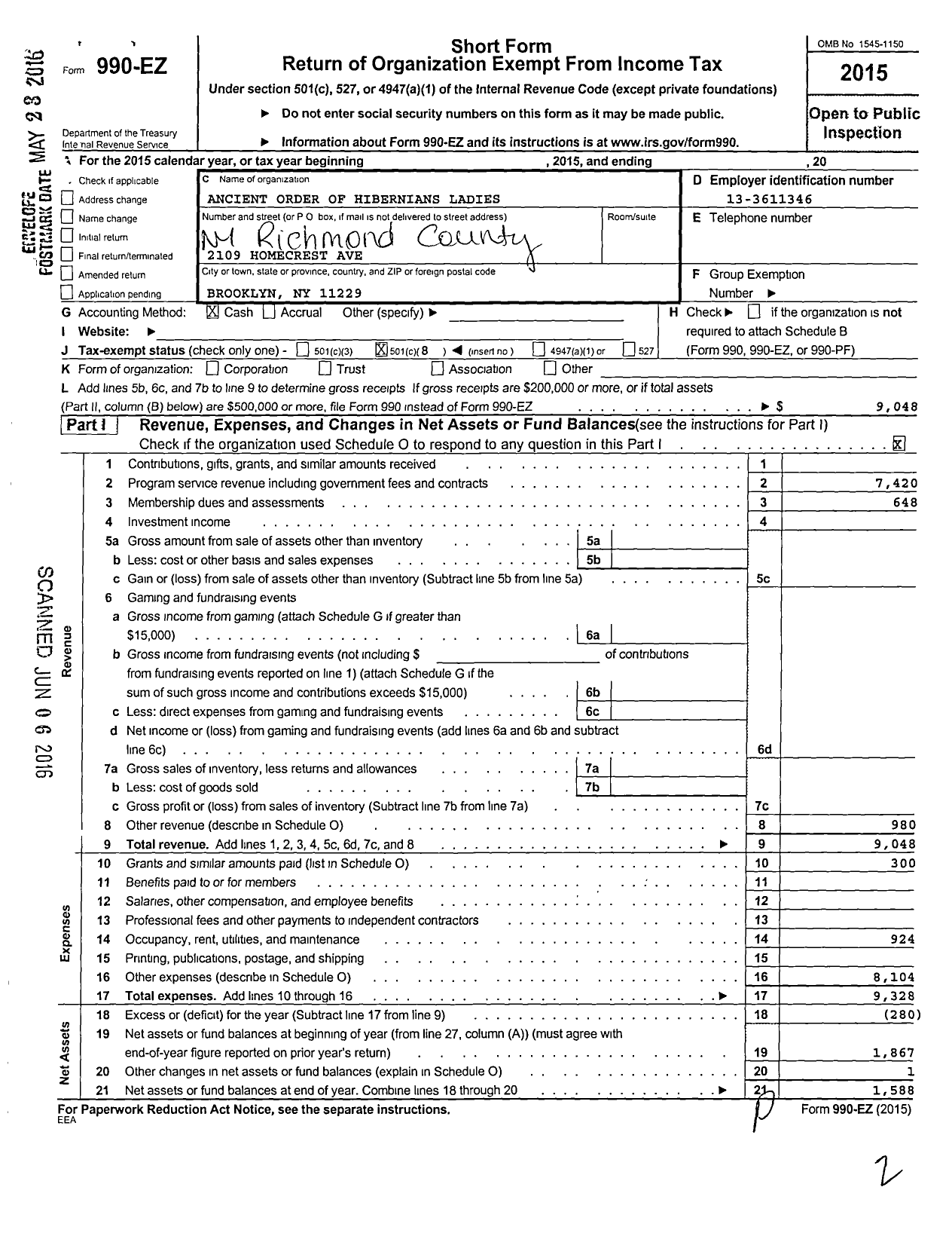 Image of first page of 2015 Form 990EO for Ladies Ancient Order of Hibernians / Richomnd Cty Board