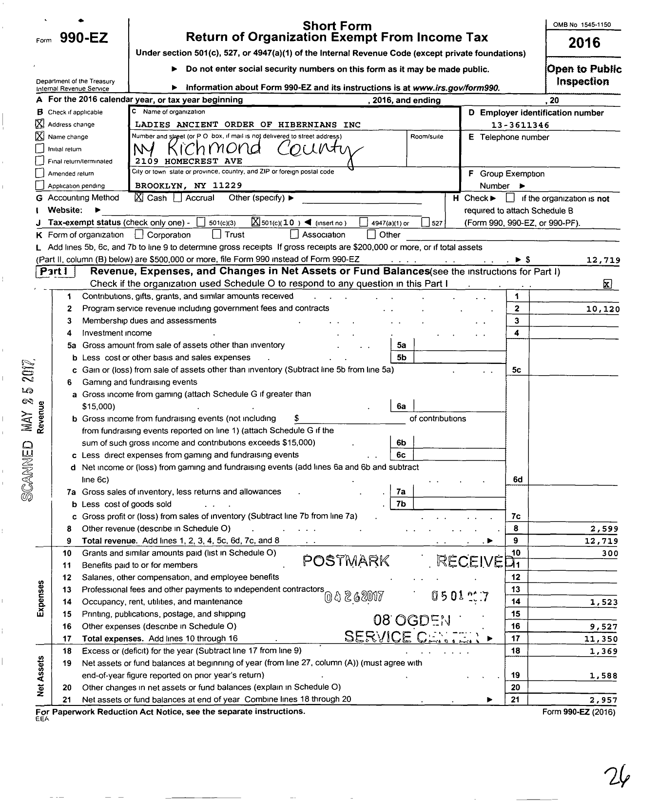 Image of first page of 2016 Form 990EO for Ladies Ancient Order of Hibernians / Richomnd Cty Board