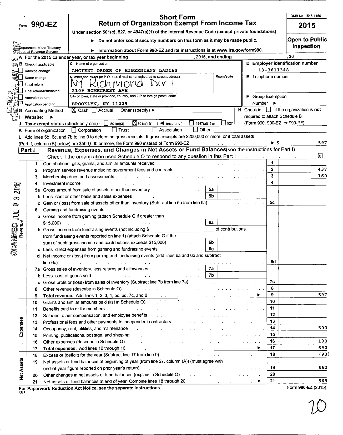 Image of first page of 2015 Form 990EO for Div No 1 of Ladies Ancient Order of Hibernians / 1 Div Richmond Co Ny