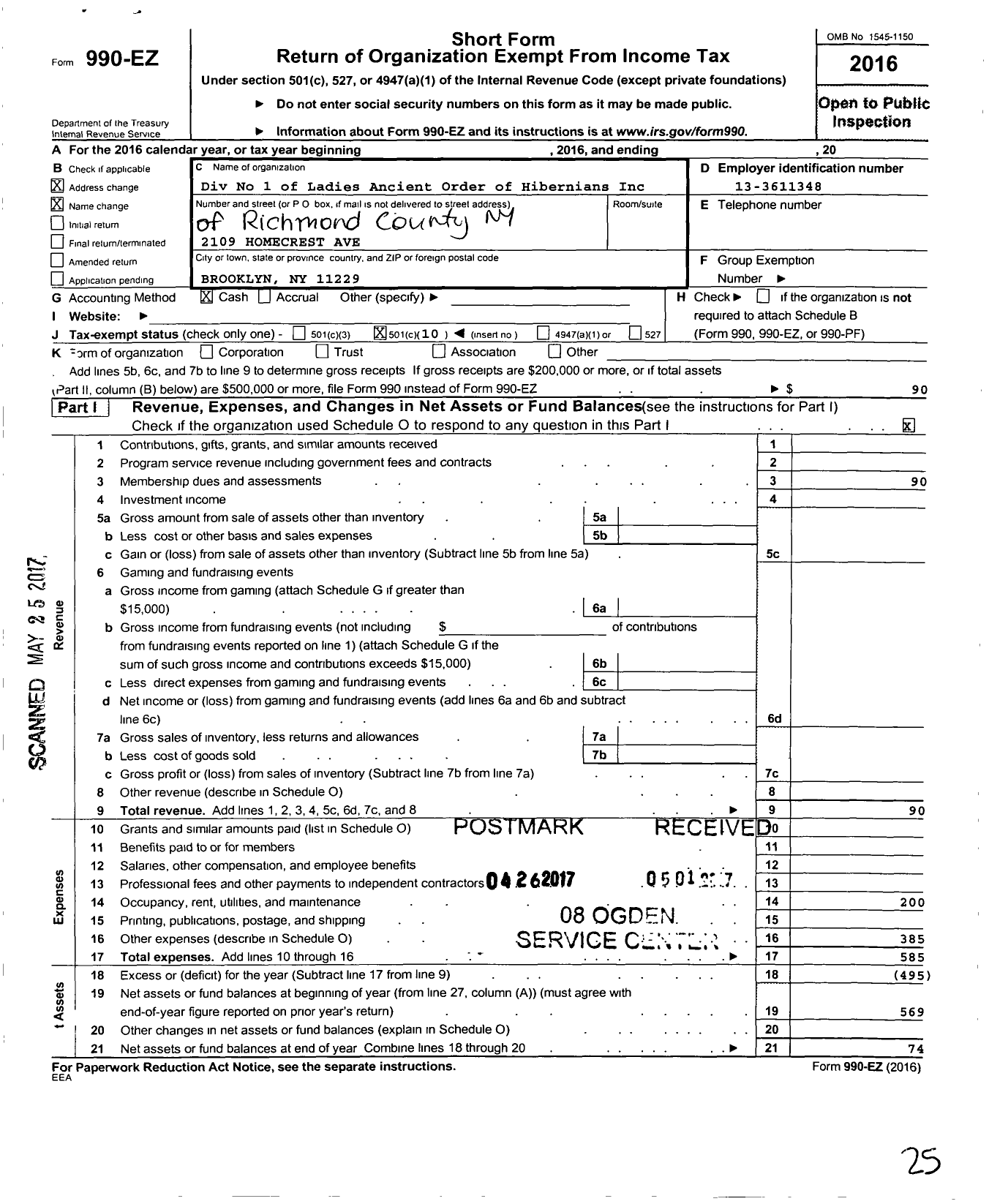 Image of first page of 2016 Form 990EO for Div No 1 of Ladies Ancient Order of Hibernians / 1 Div Richmond Co Ny