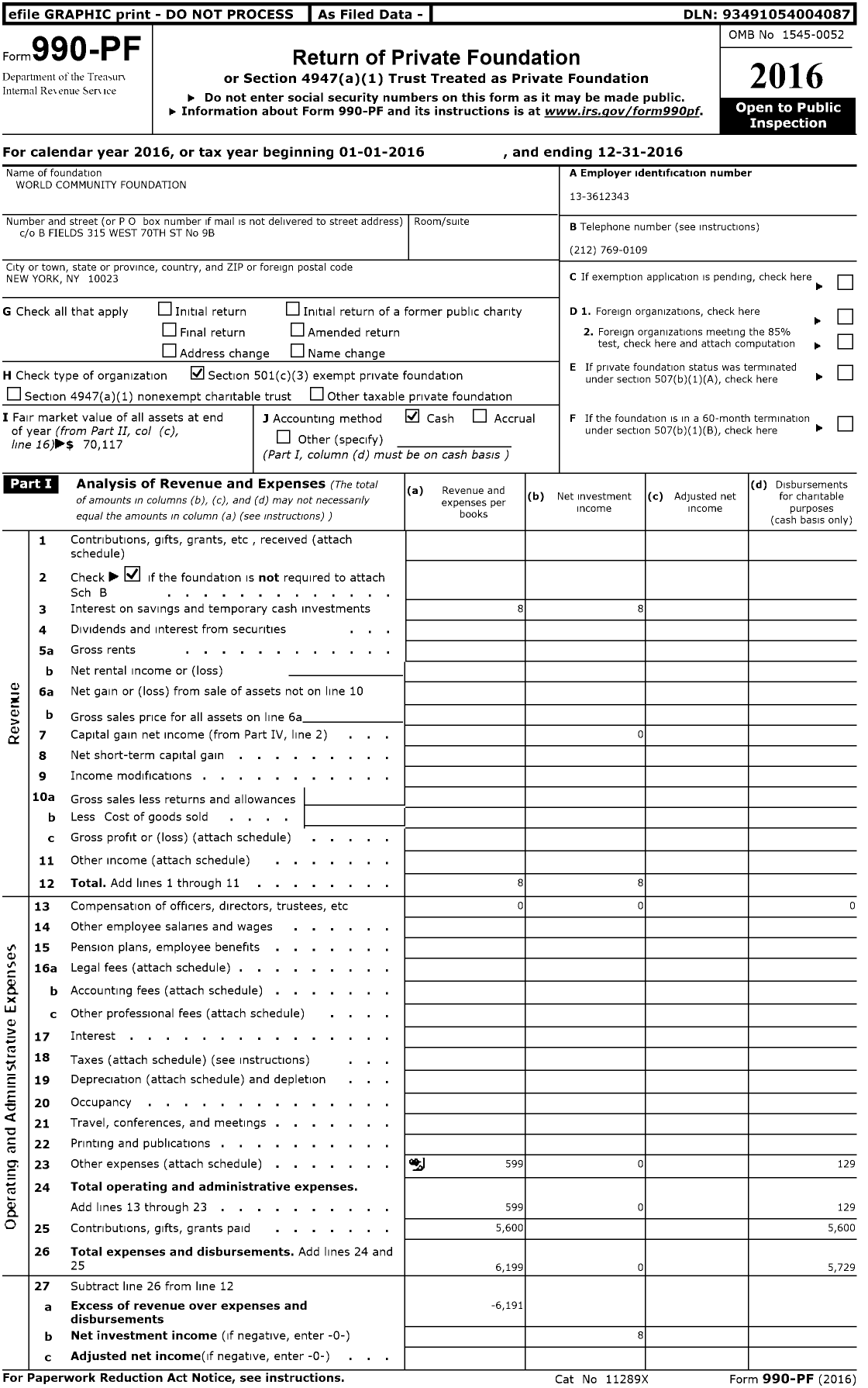 Image of first page of 2016 Form 990PF for World Community Foundation