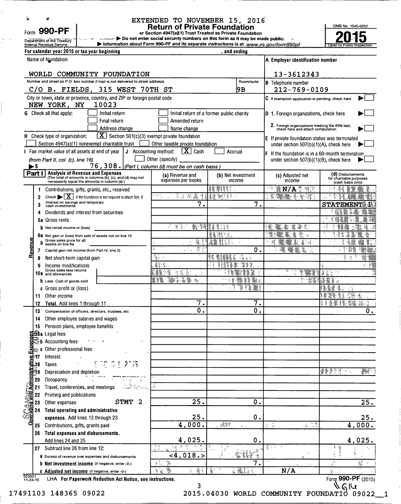 Image of first page of 2015 Form 990PF for World Community Foundation