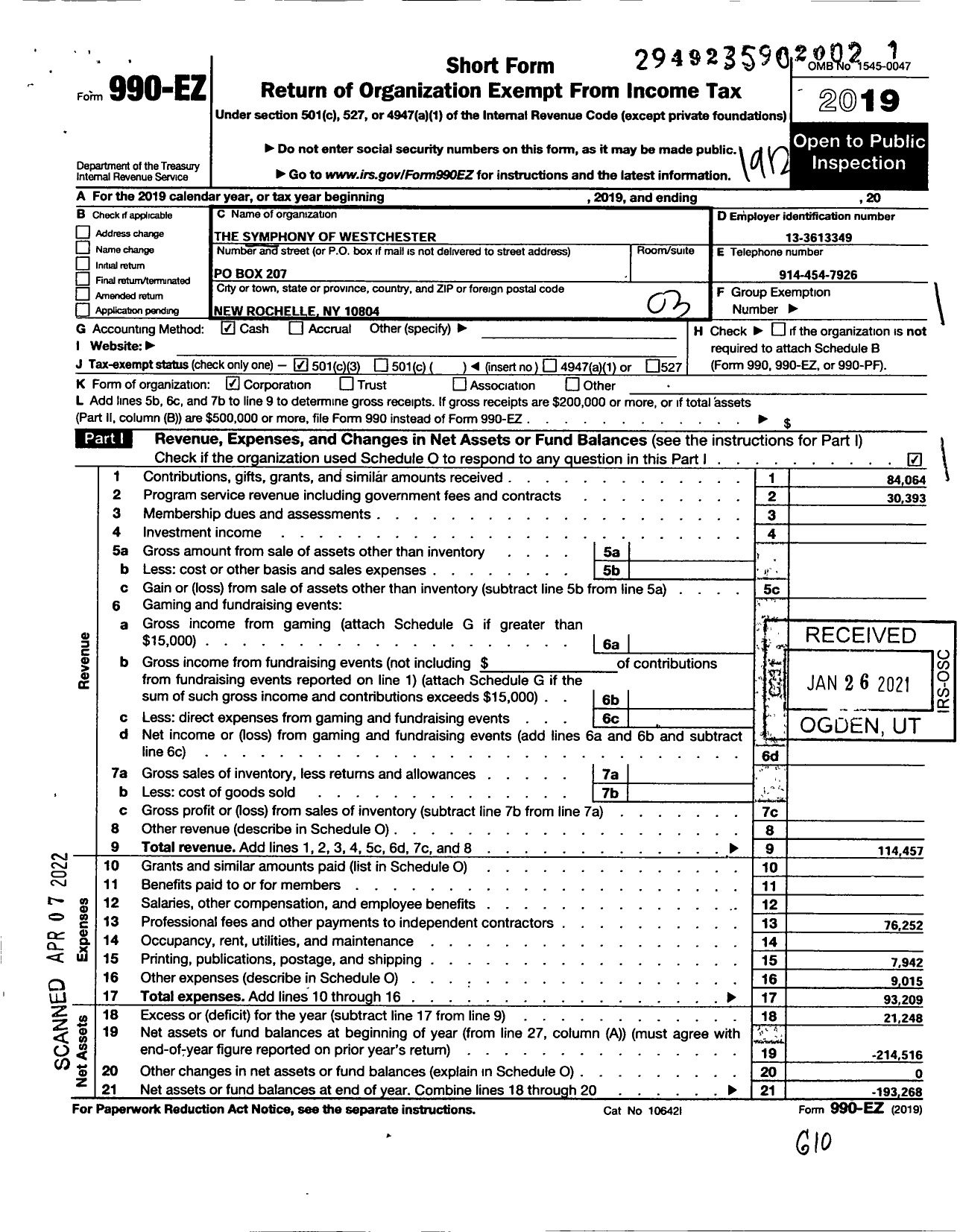 Image of first page of 2019 Form 990EZ for The Symphony of Westchester