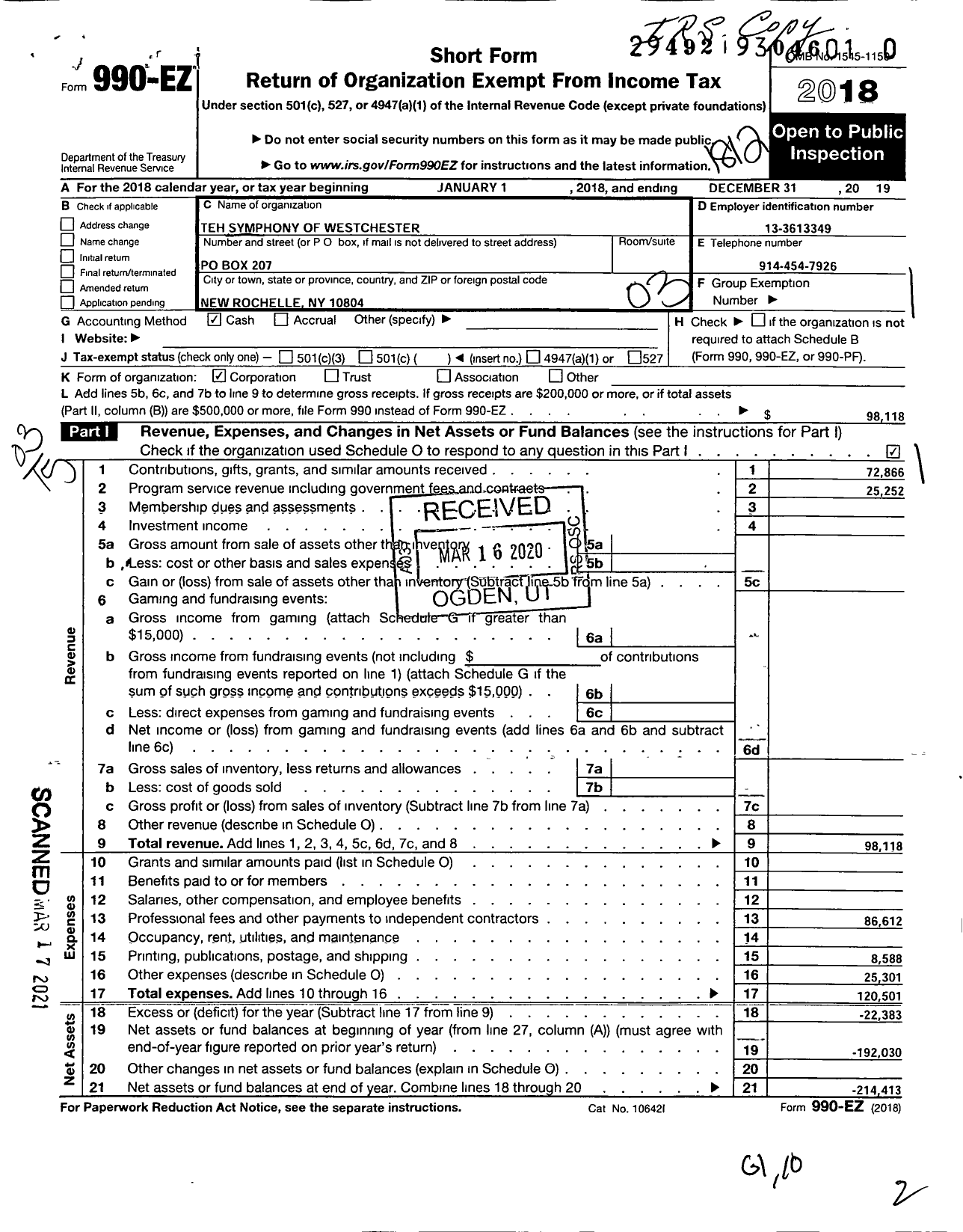 Image of first page of 2018 Form 990EZ for The Symphony of Westchester