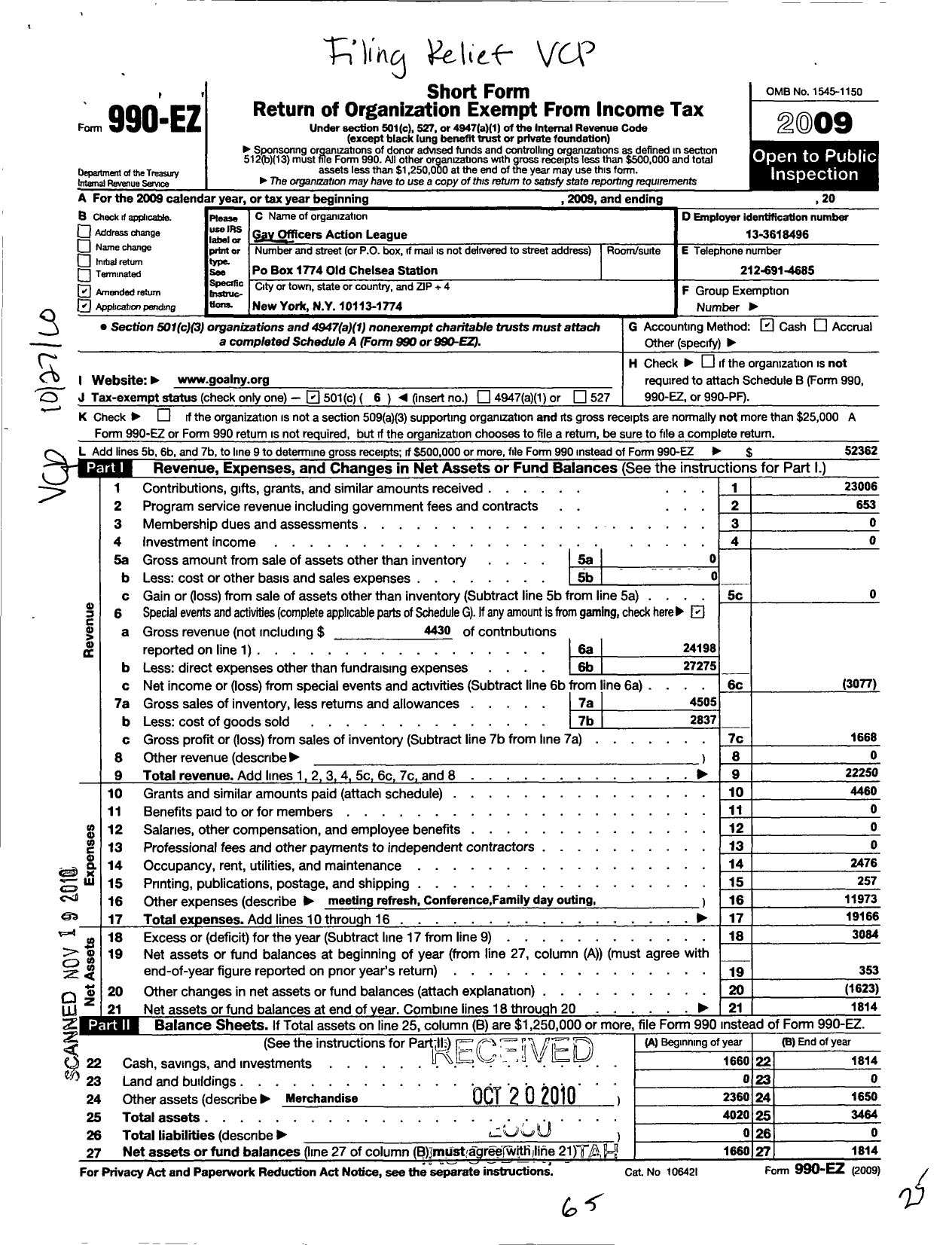 Image of first page of 2009 Form 990EO for Gay Officers Action League G O A L