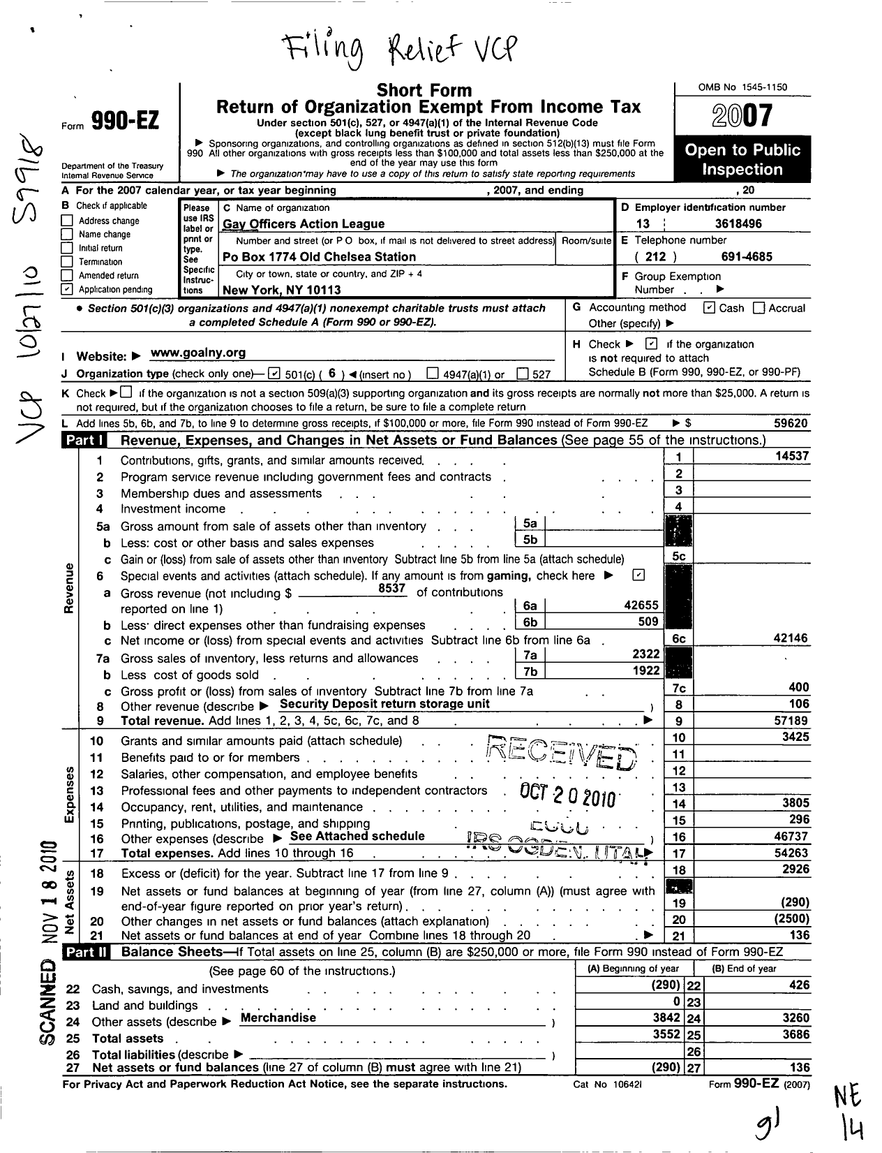 Image of first page of 2007 Form 990EO for Gay Officers Action League G O A L