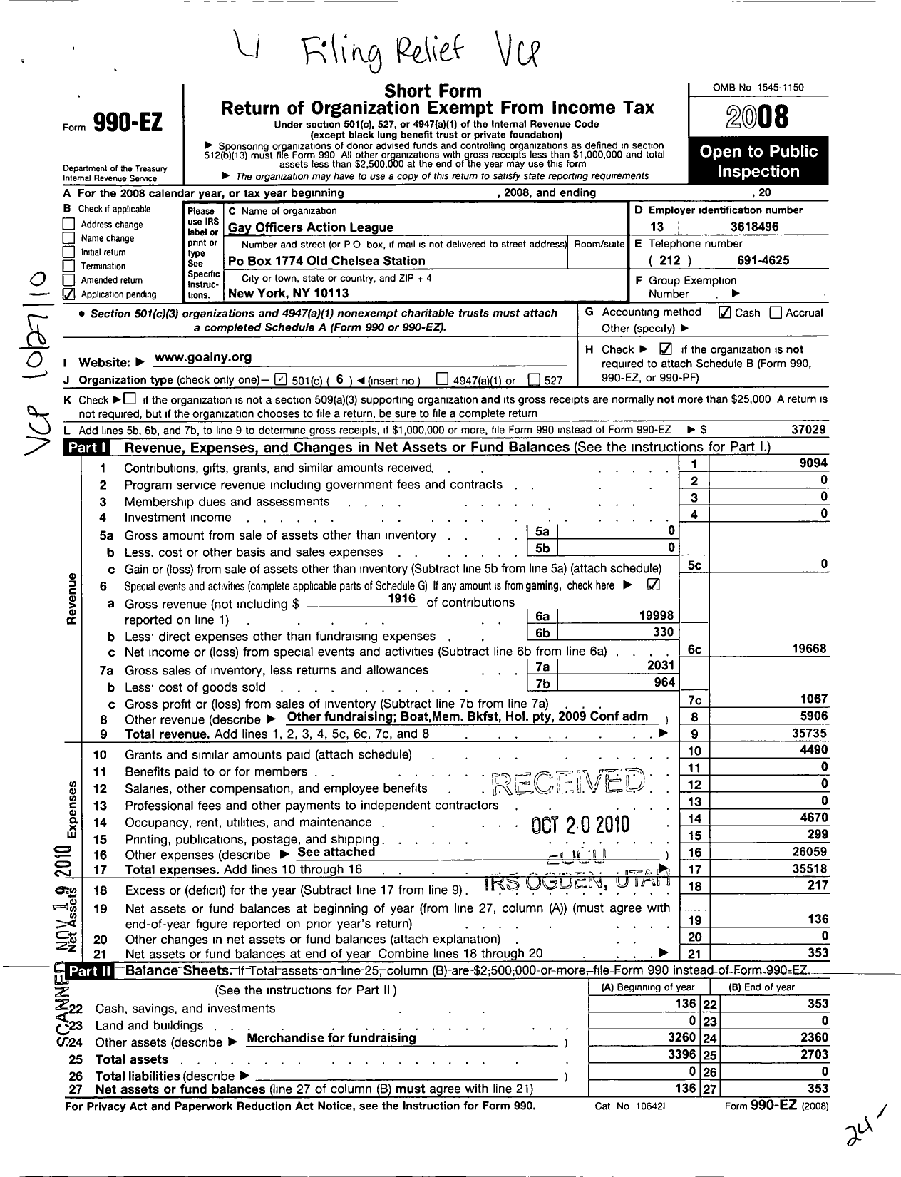 Image of first page of 2008 Form 990EO for Gay Officers Action League G O A L