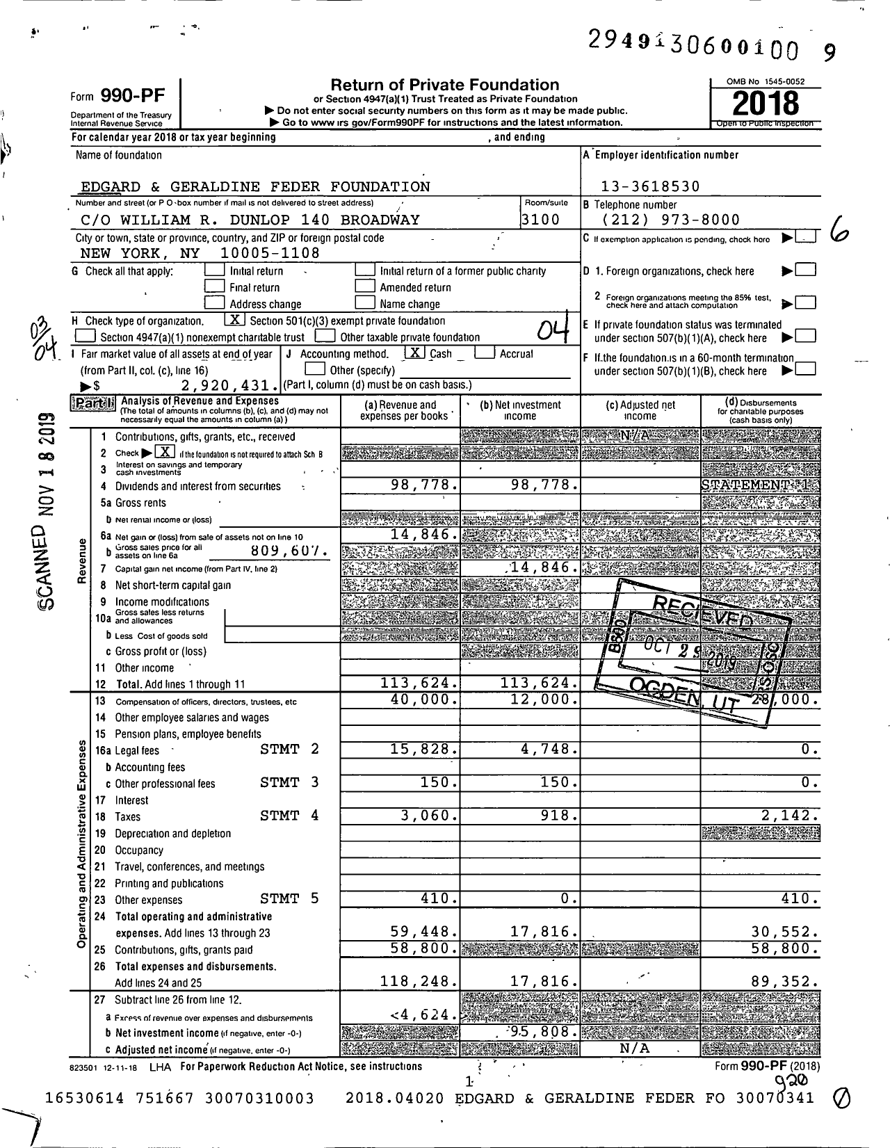 Image of first page of 2018 Form 990PF for Edgard and Geraldine Feder Foundation