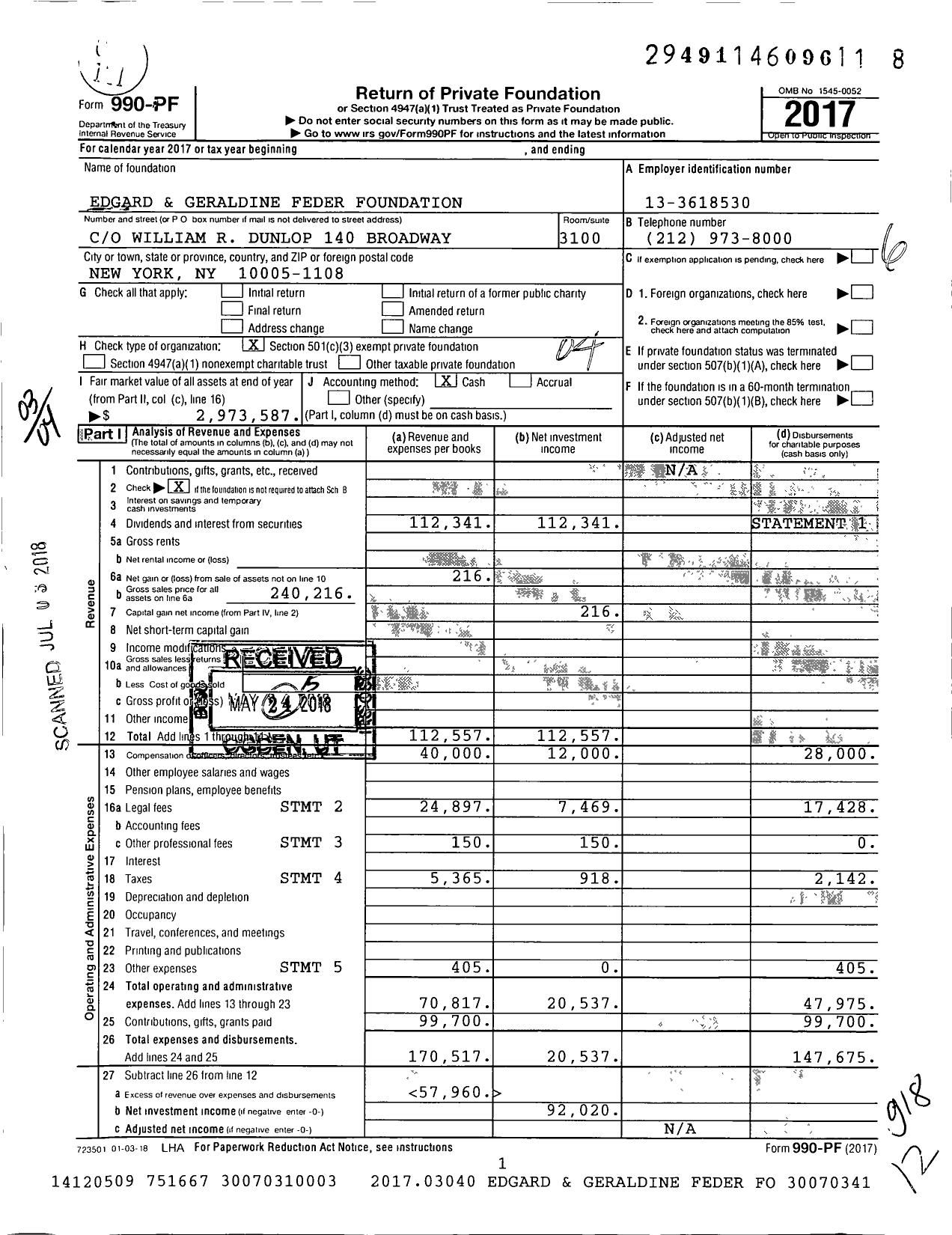 Image of first page of 2017 Form 990PF for Edgard and Geraldine Feder Foundation